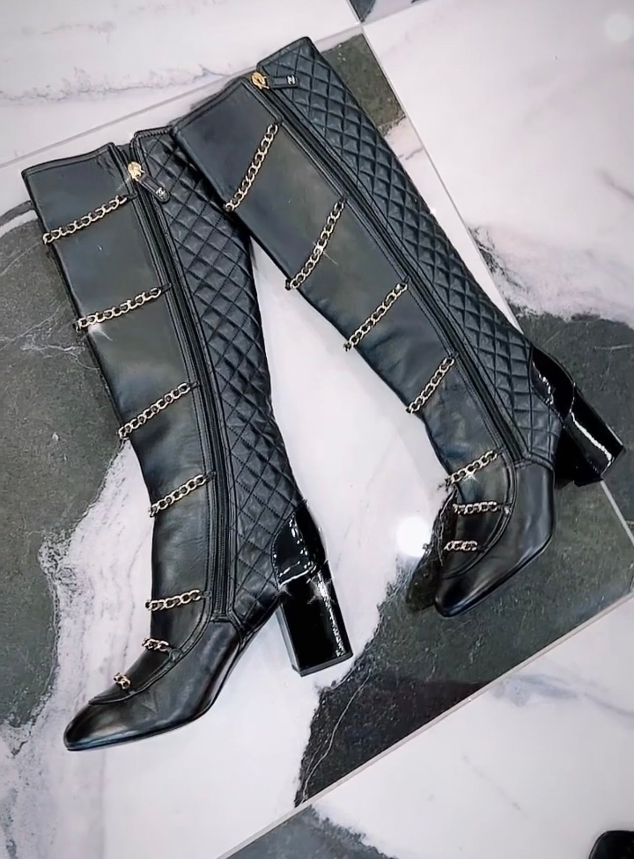 Chanel Chain Accent Quilted Leather Knee High Boots for Women