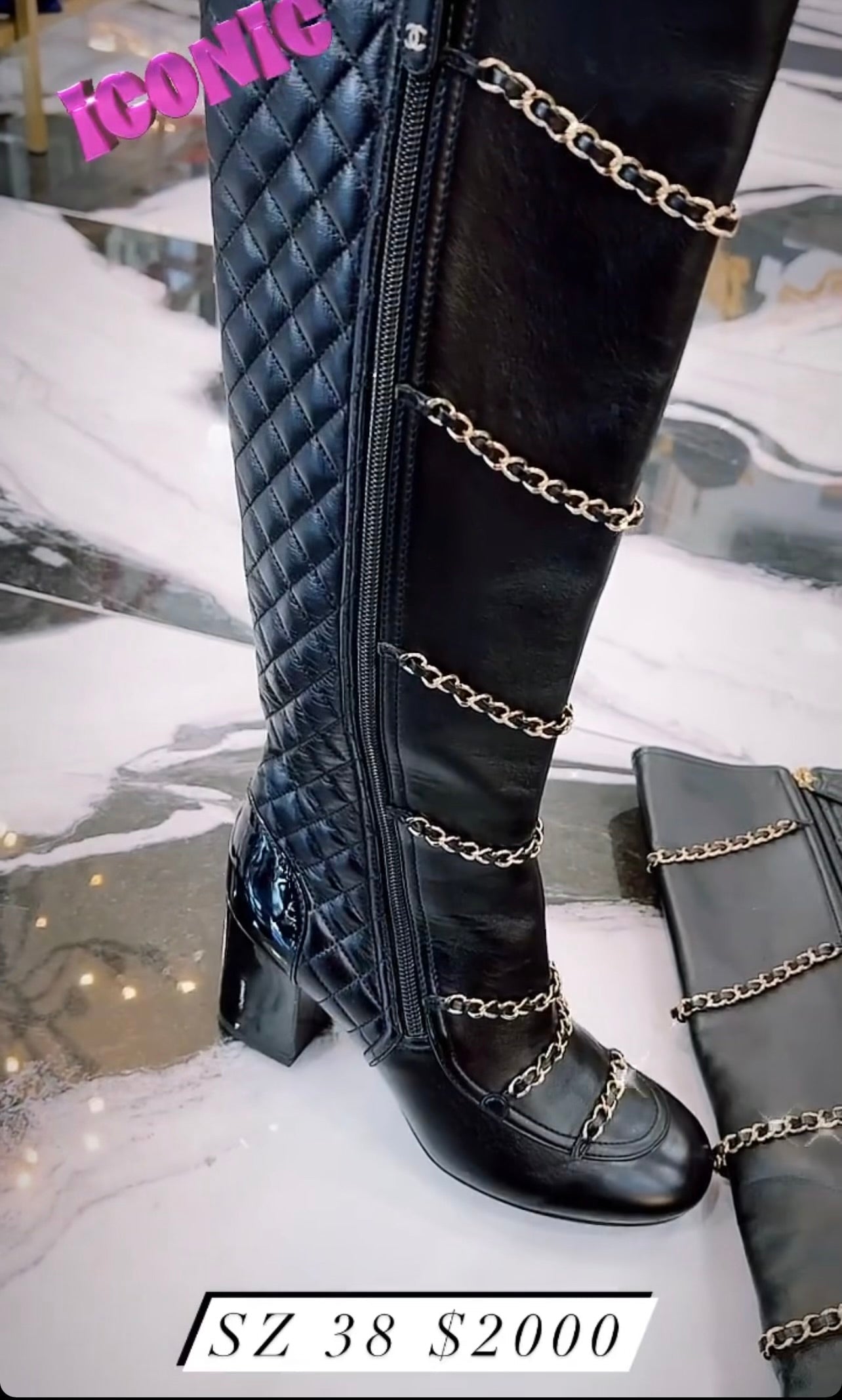 Chanel Chain Accent Quilted Leather Knee High Boots for Women