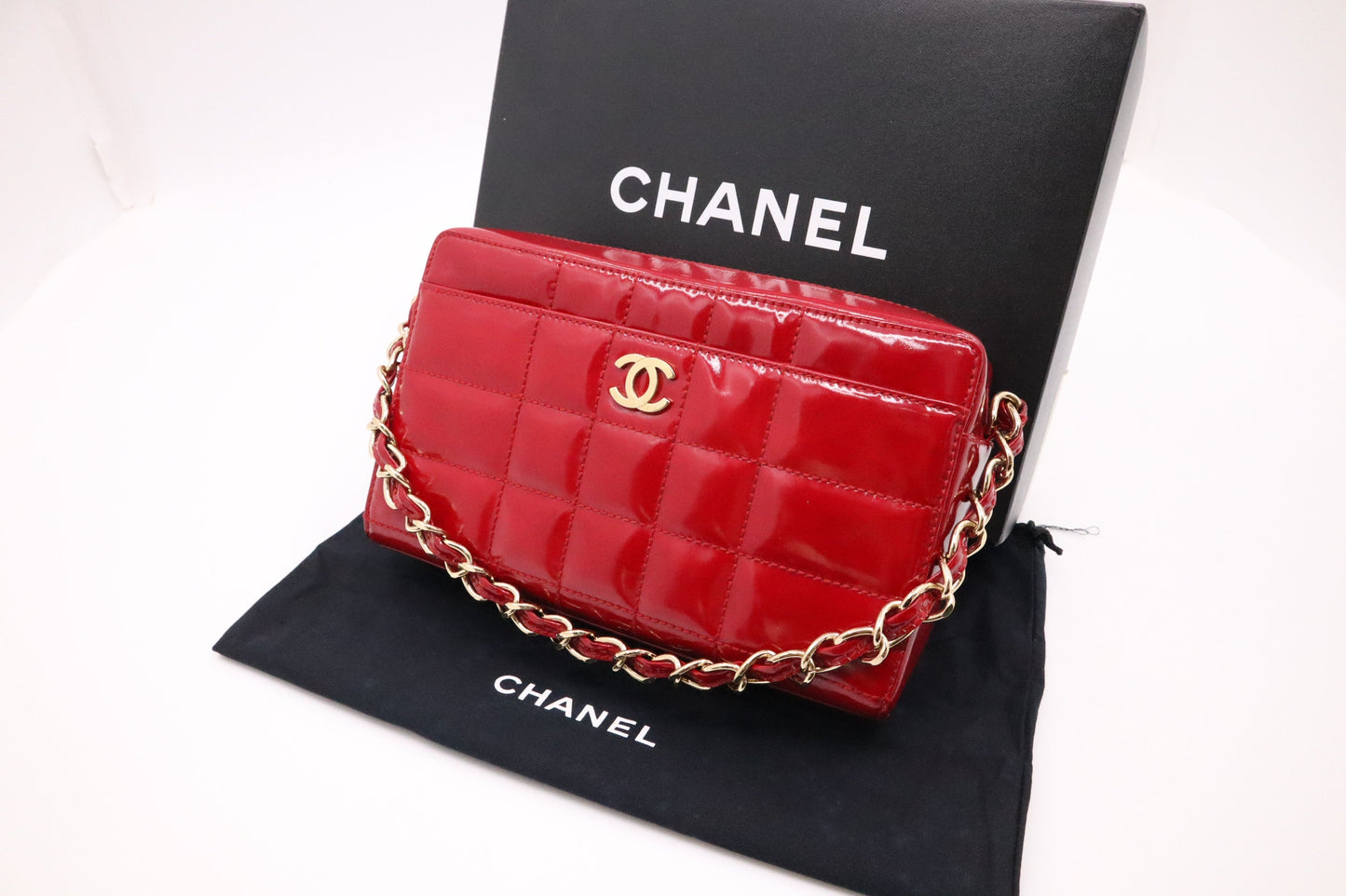 Chanel Chocobar Hand Patent Red Leather Handbag