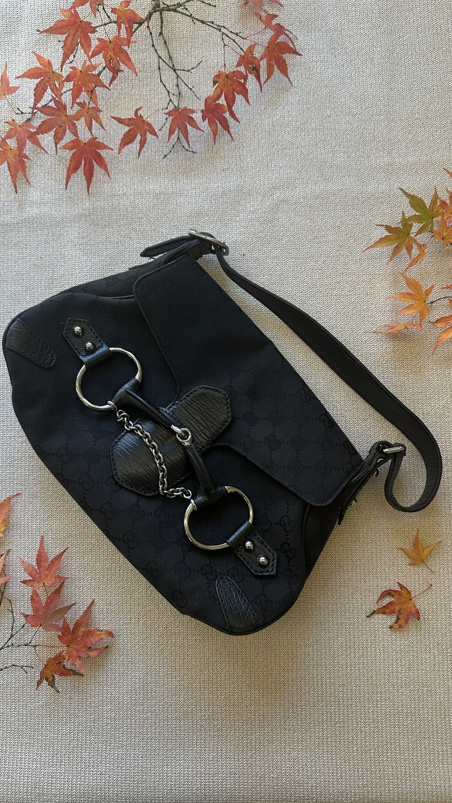 GUCCI Horsebit Flap Bag Canvas Black