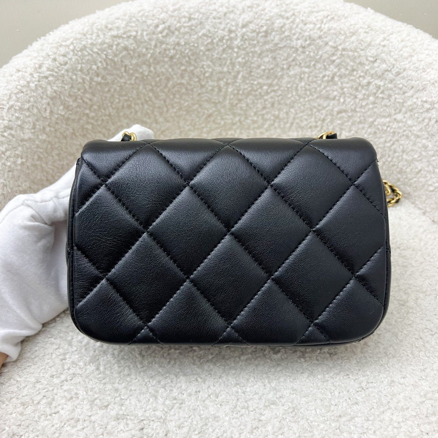 Chanel 24S Adjustable Pearls Chain Mini Flap In Black Lambskin And Aghw Bag