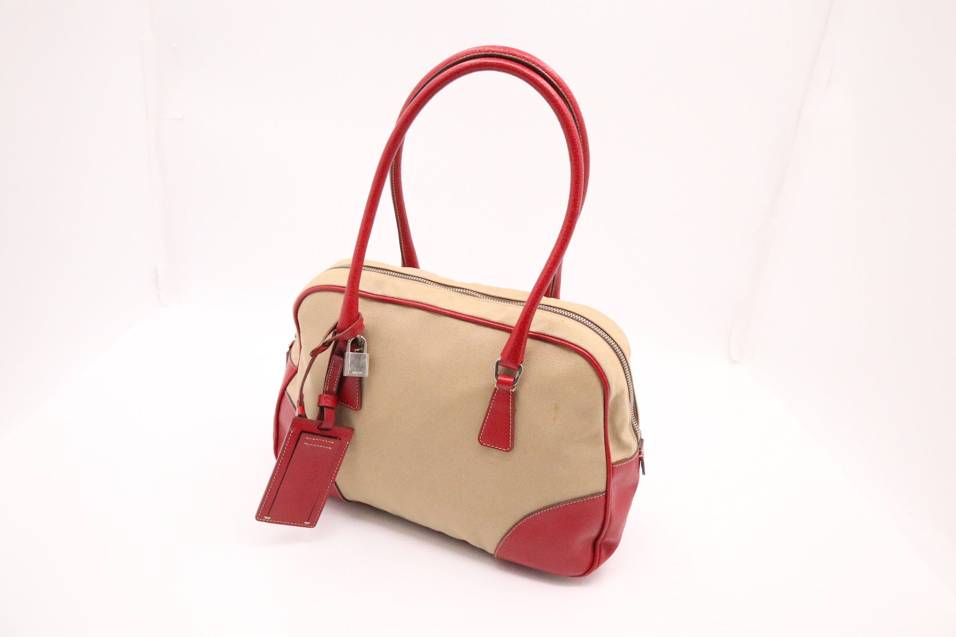 Prada Bowling Bag In Red And Leather Canvas Travel Bag