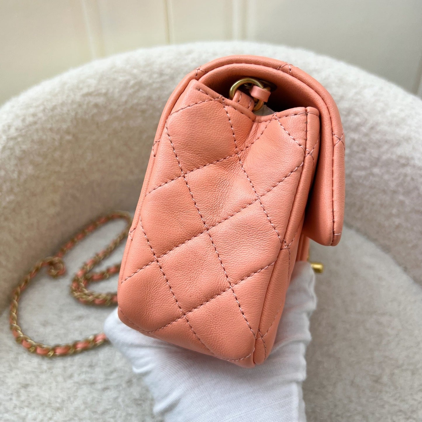 Chanel Pearl Crush Mini Rectangular Flap in Salmon Pink Lambskin and Aghw ( ) Handbag