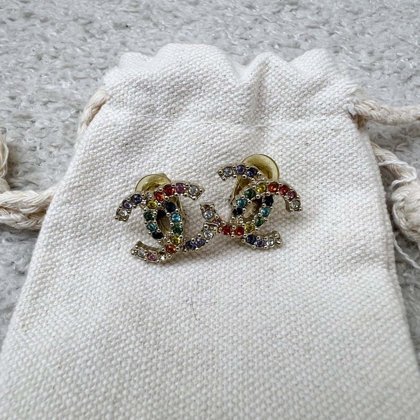 Chanel 19S Clip-on CC Earrings With Rainbow Crystals And Lghw