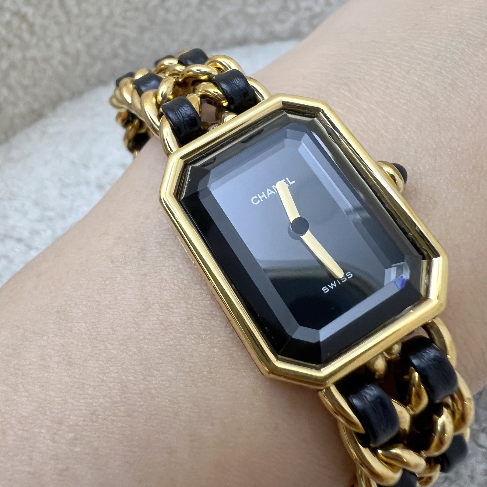 Chanel Premiere Watch in 24K Gold Plated Hw and Black Leather Size M Handbag