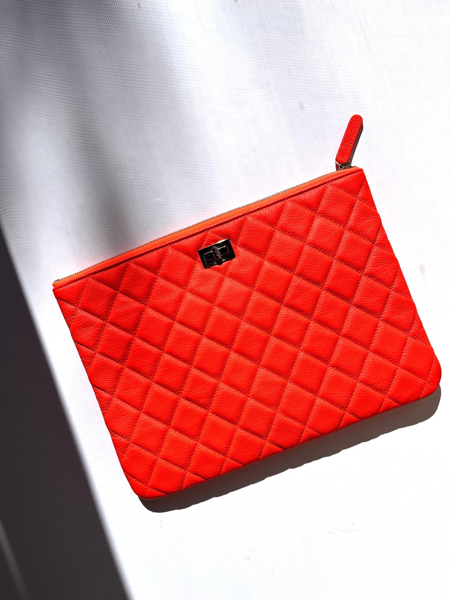 Chanel Reissue 2.55 O Case Goatskin Medium Fluorescent Neon Orange Quilted Clutch Bag