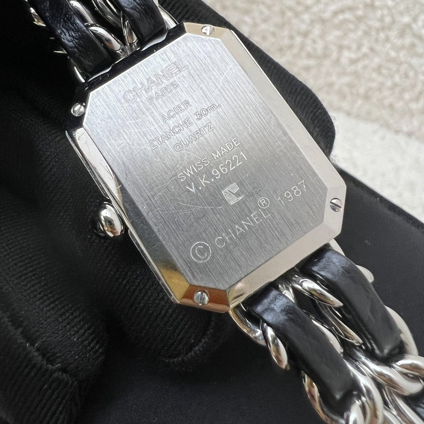 Chanel [serviced for $965 in Jan 2026] Premiere Watch in Silver Tone Steel Hardware and Black Leather Size L Handbag