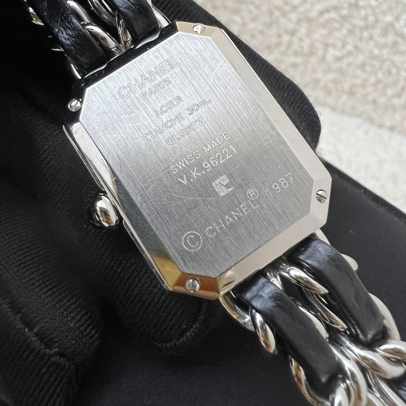 Chanel [serviced for $965 in Jan 2026] Premiere Watch in Silver Tone Steel Hardware and Black Leather Size L Handbag
