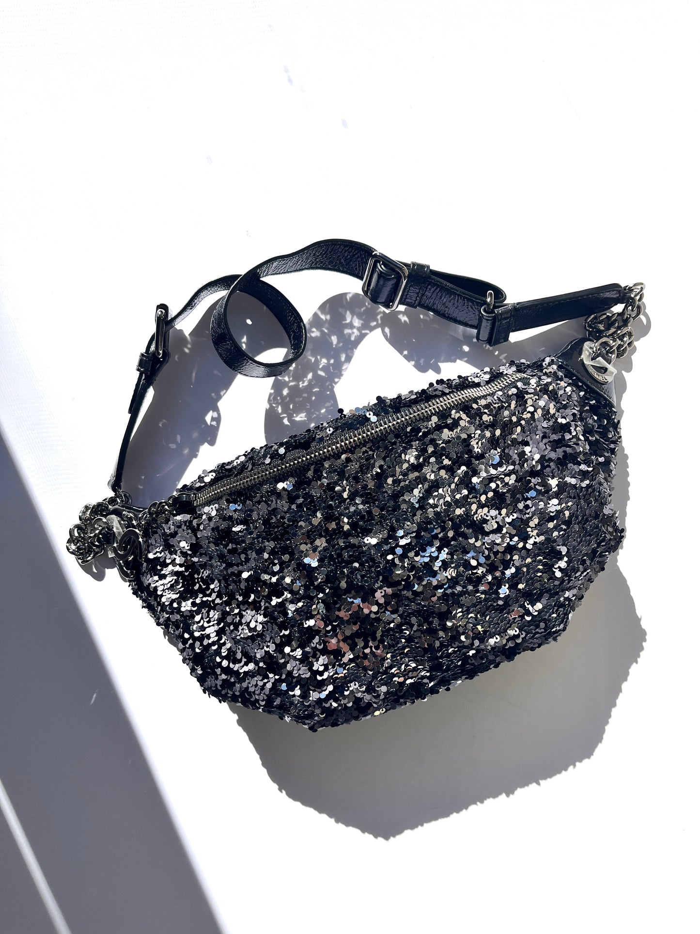 Chanel Sequin Glazed Calfskin Black Silver Waist Fanny Bum Bag