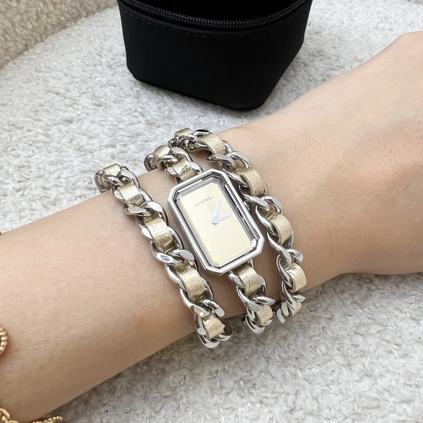 Chanel [Serviced For $745 In Jan ] Premiere Rock Triple Row Watch In Silver Tone Steel Hardware And Champagne Gold Leather Bag