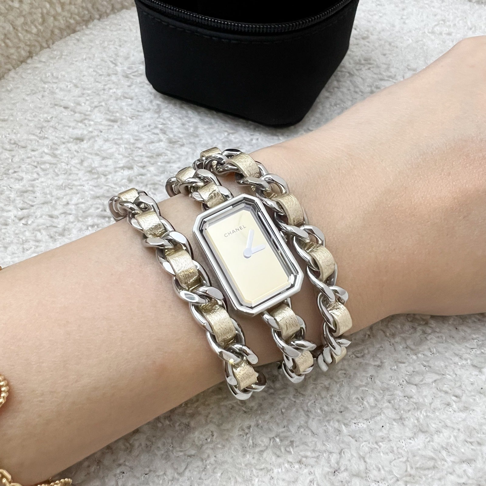 Chanel [Serviced For $745 In Jan ] Premiere Rock Triple Row Watch In Silver Tone Steel Hardware And Champagne Gold Leather Bag