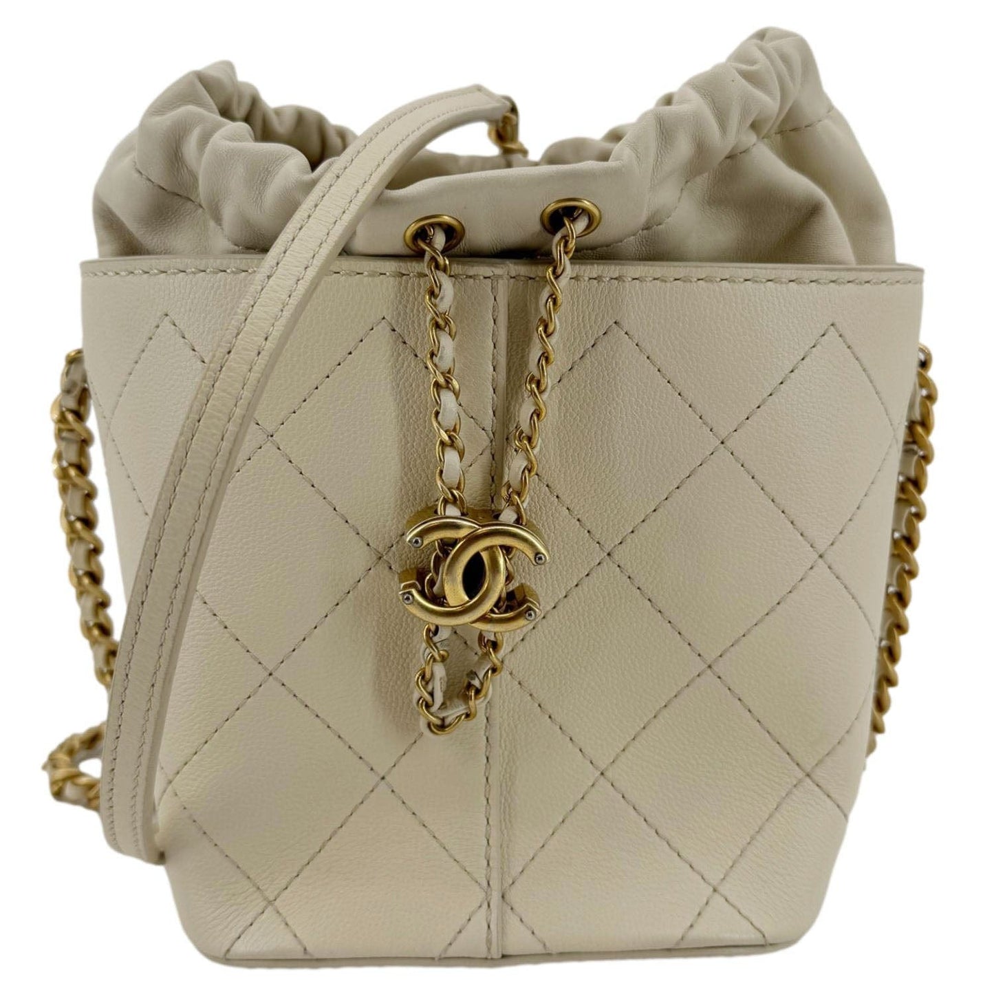 Chanel CC Drawstring Quilted Bucket Cream Leather Jewelry