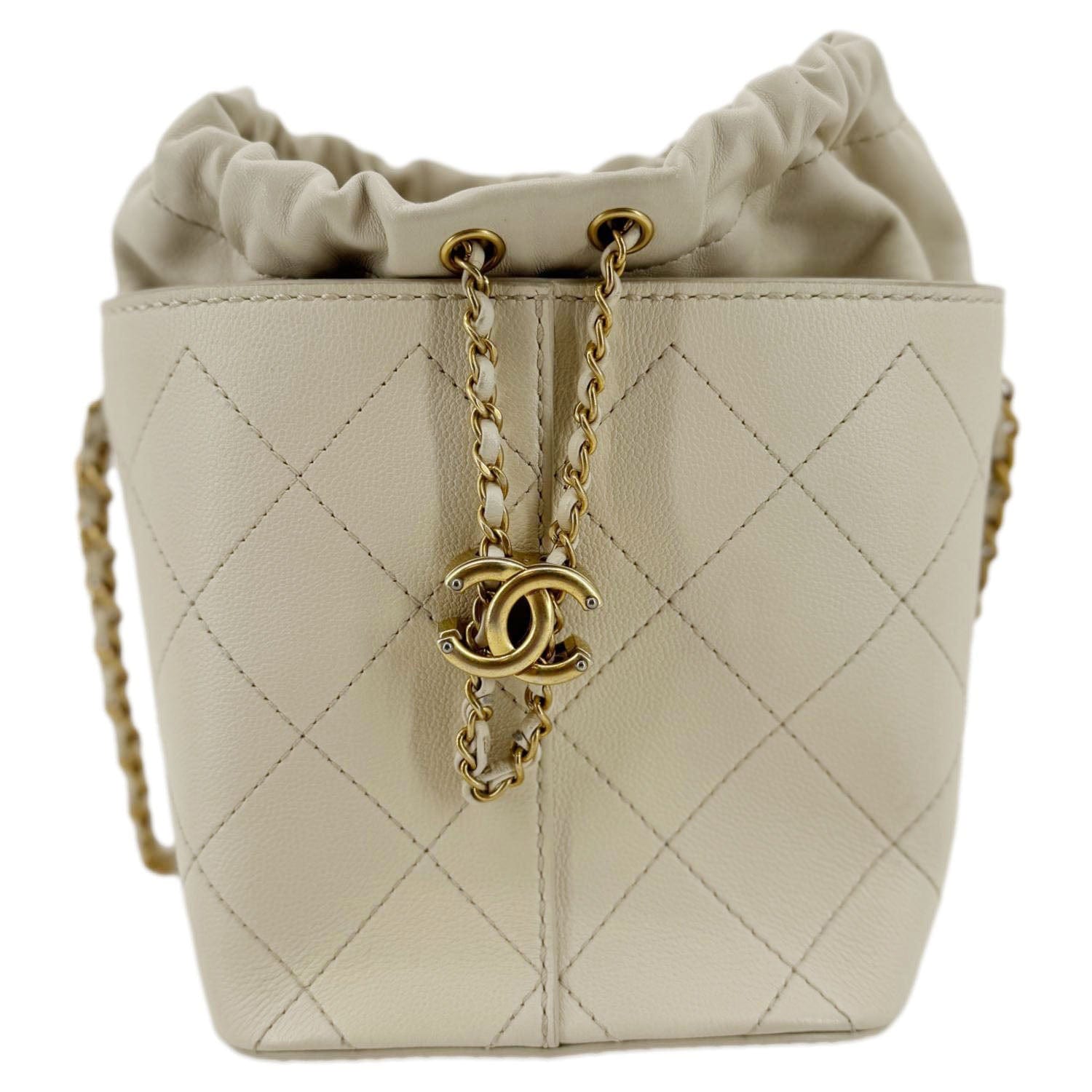 Chanel CC Drawstring Quilted Bucket Cream Leather Jewelry