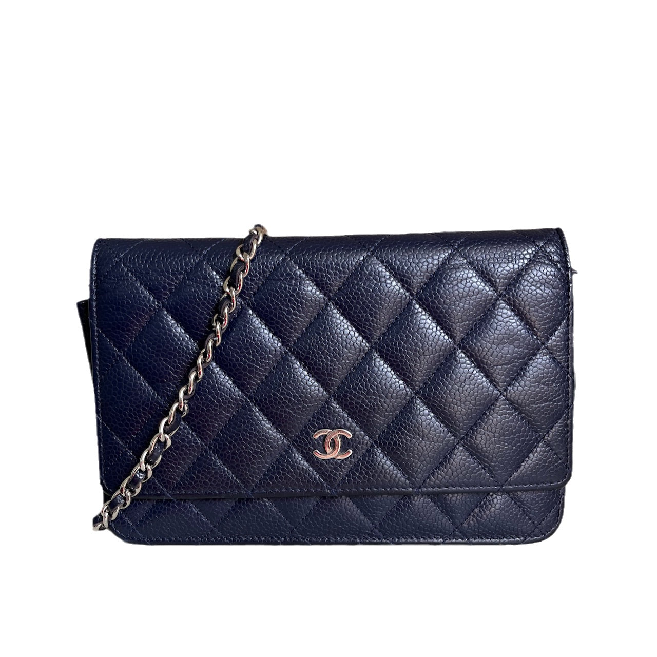 Chanel on WOC Navy Caviar hardware Gold Silver Leather Wallet Case