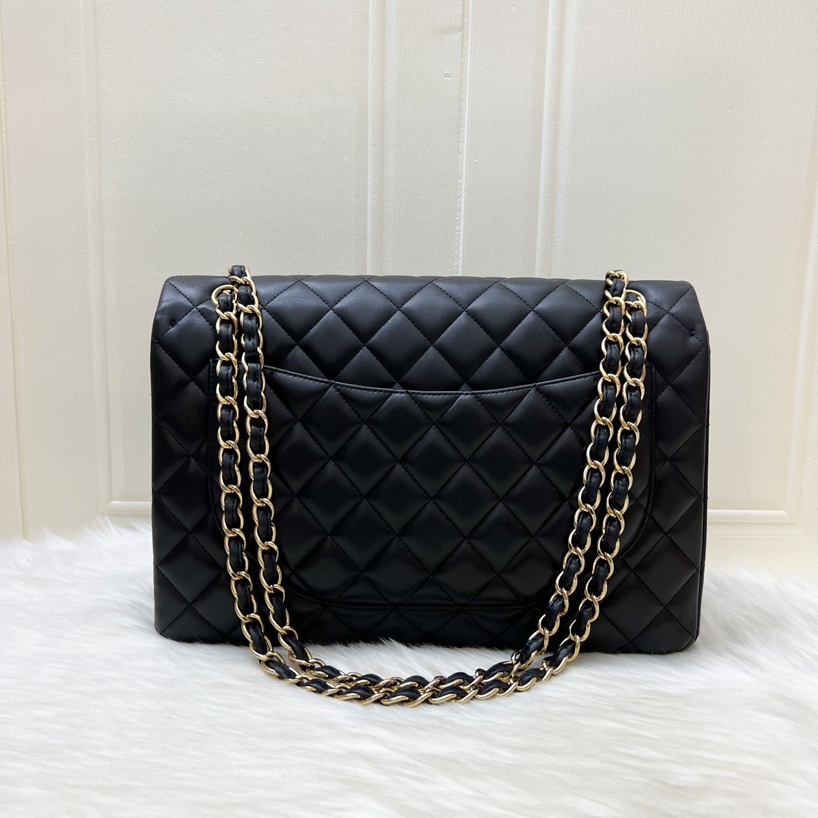 Chanel Maxi Classic Flap Sf in Black Lambskin and Ghw Handbag