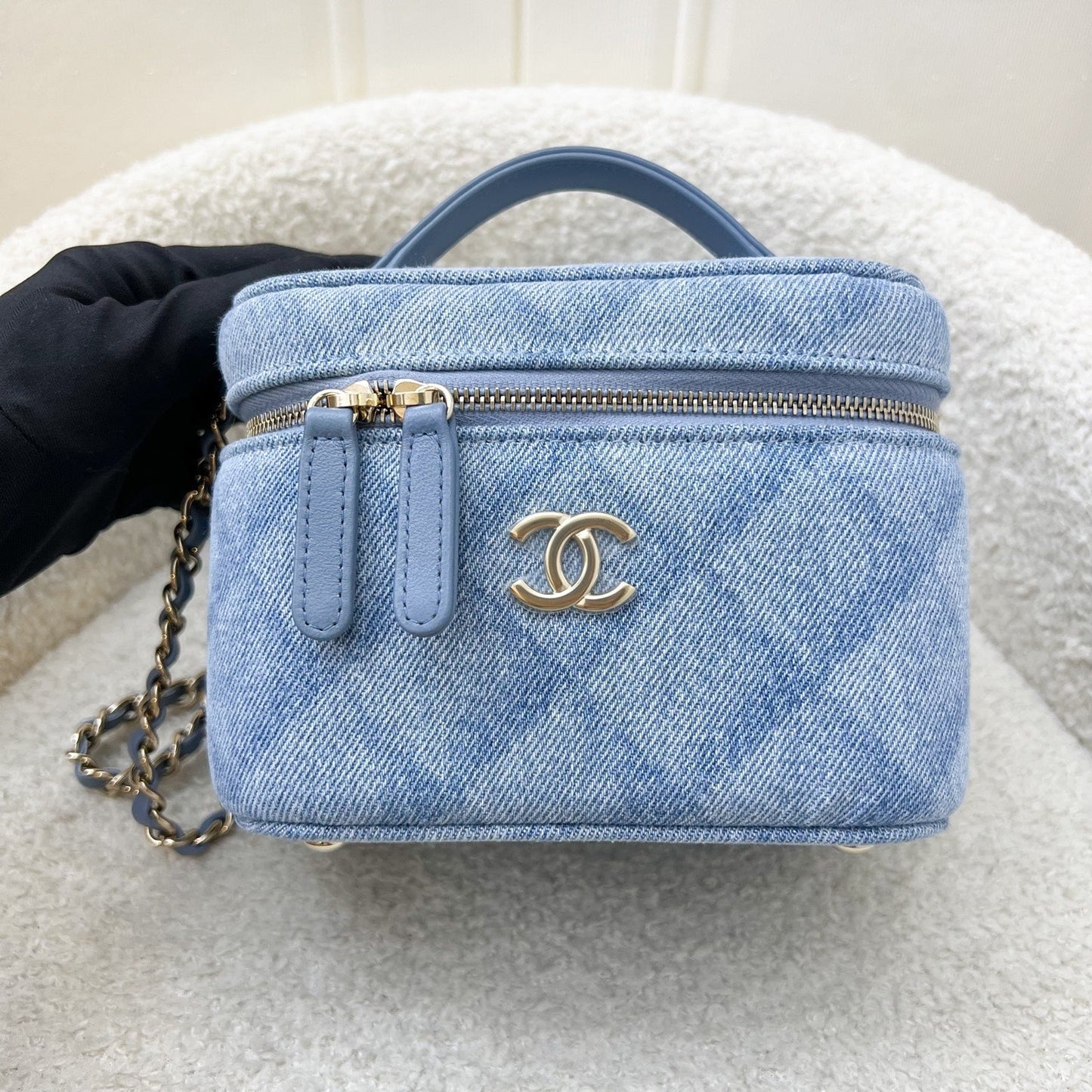 Chanel 22B Cheer for Chanel Vanity Case with Top Handle in Light Blue Denim Fabric and LGHW (Model: AS3171)