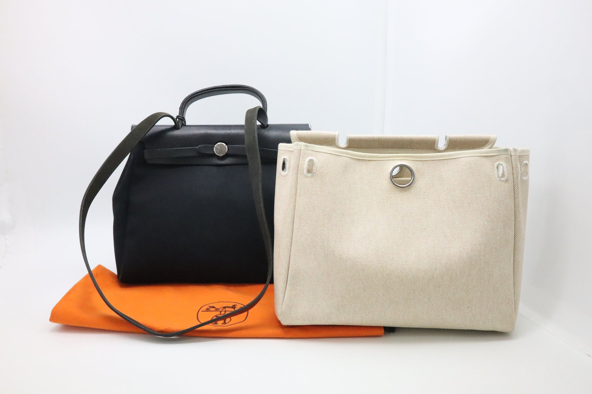 Hermes Herbag In White & Leather Canvas Travel Bag