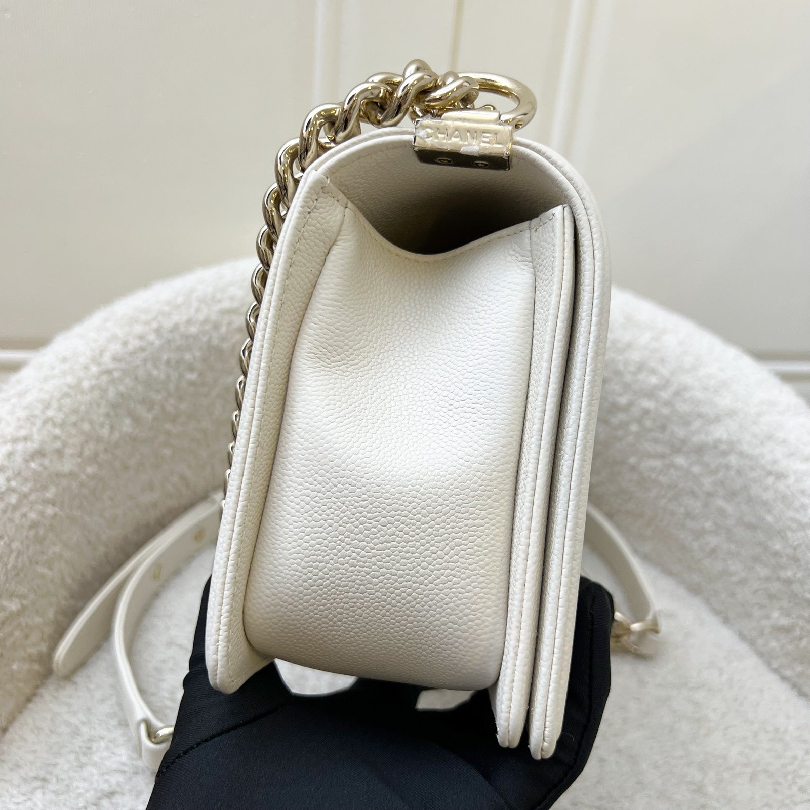 Chanel Medium 25CM Boy Flap in Chevron Quilted White Caviar and Shiny Ghw Handbag