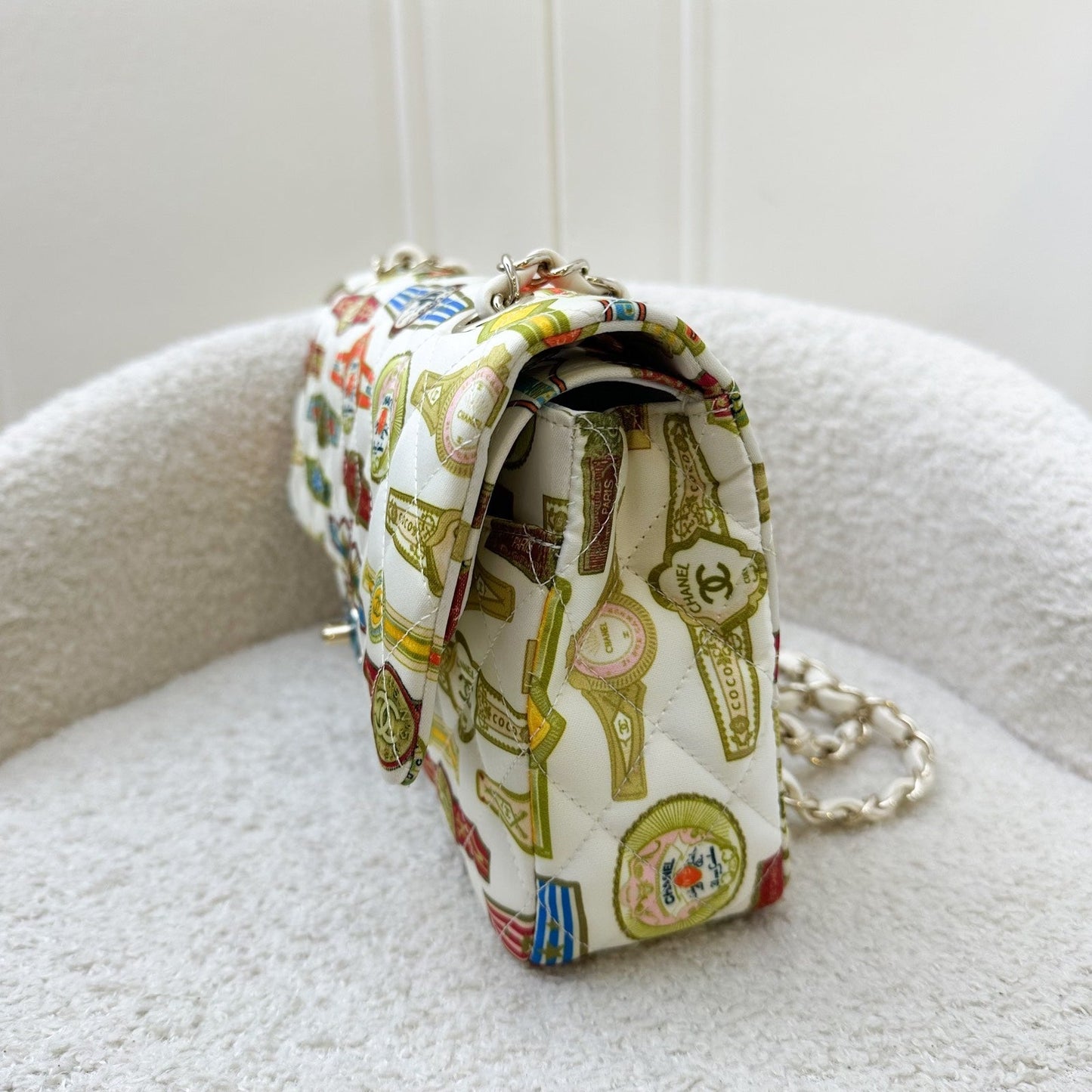 Chanel Medium Classic Flap CF Limited Edition Cuba in Printed White Fabric and LGHW