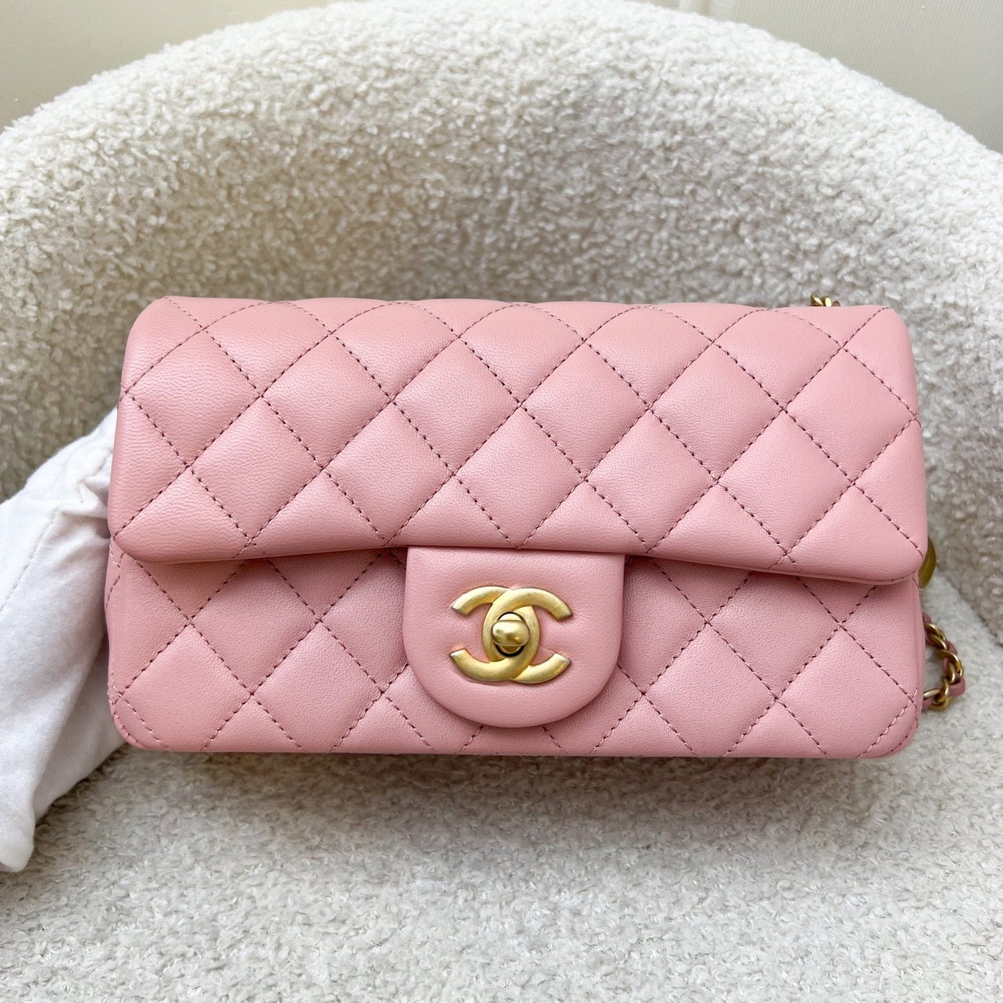 Chanel Pearl Crush Mini Rectangular Flap in 23K Pink Stiff Lambskin and Aghw Handbag