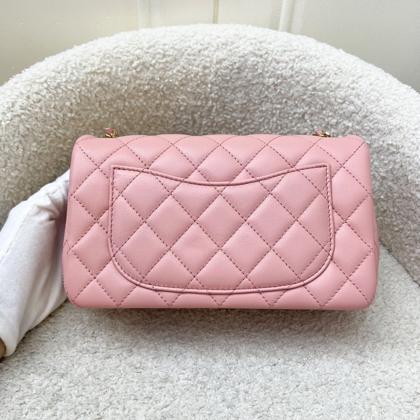 Chanel Pearl Crush Mini Rectangular Flap in 23K Pink Stiff Lambskin and Aghw Handbag
