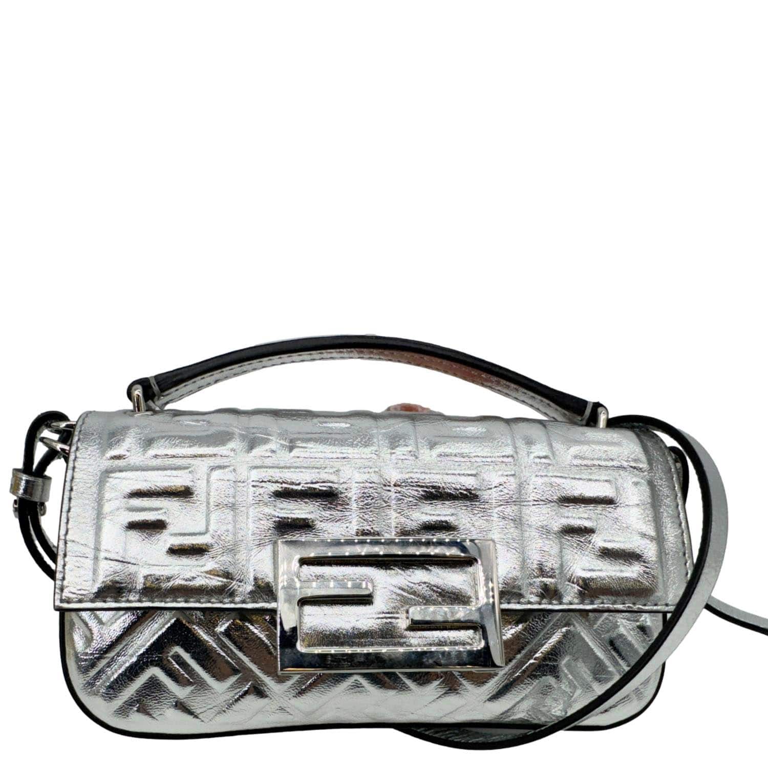 Crossbody Bag Baguette Zucca Metallic Leather Silver Embossed Shoulder Bag