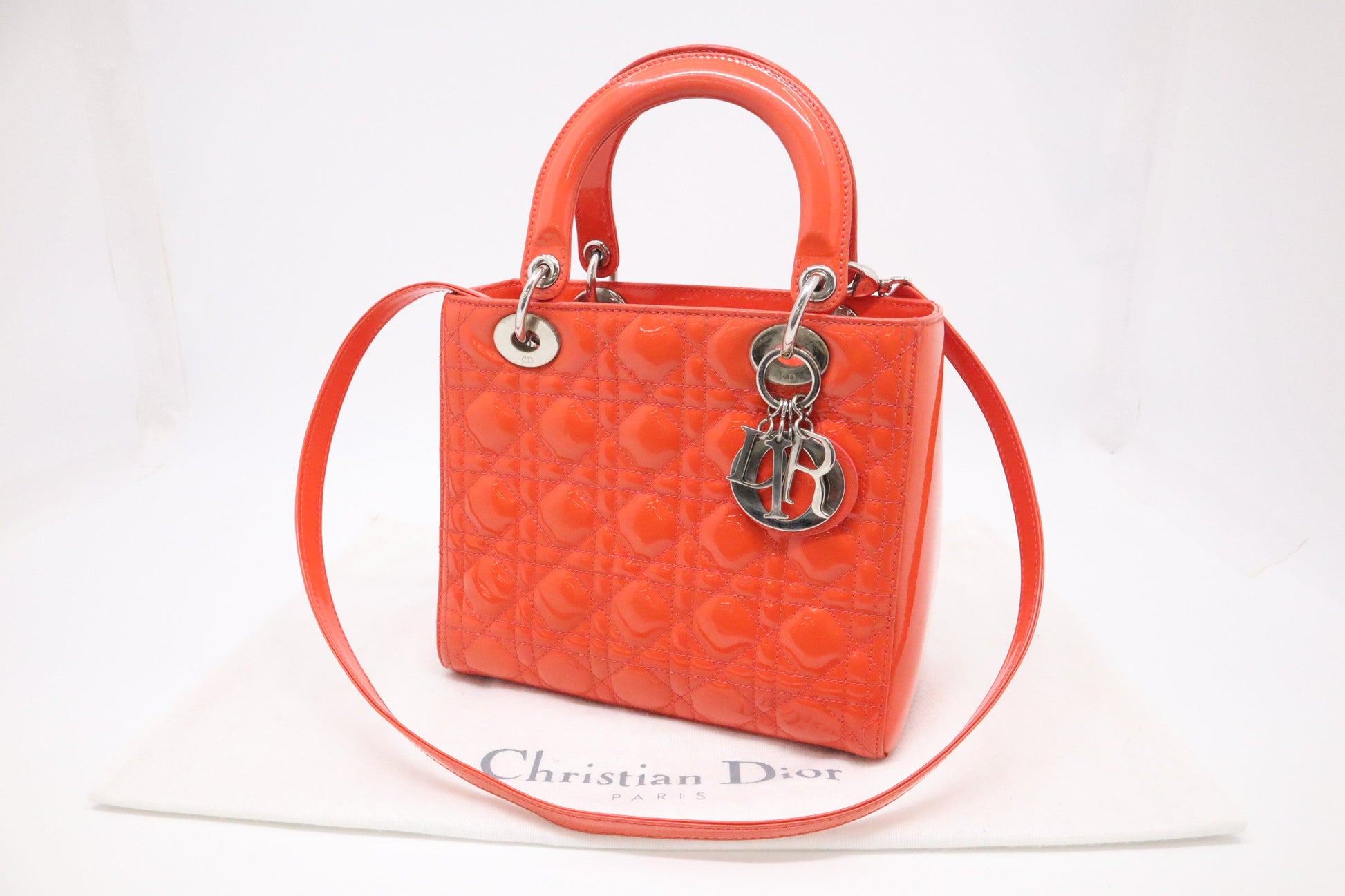 Dior Lady In Orange Cannage Patent Handbag Leather Medium Travel Bag