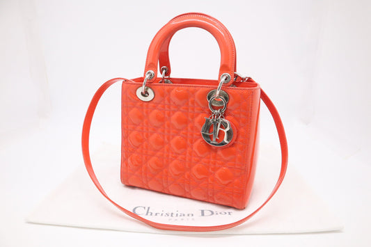 Dior Lady In Orange Cannage Patent Handbag Leather Medium Travel Bag