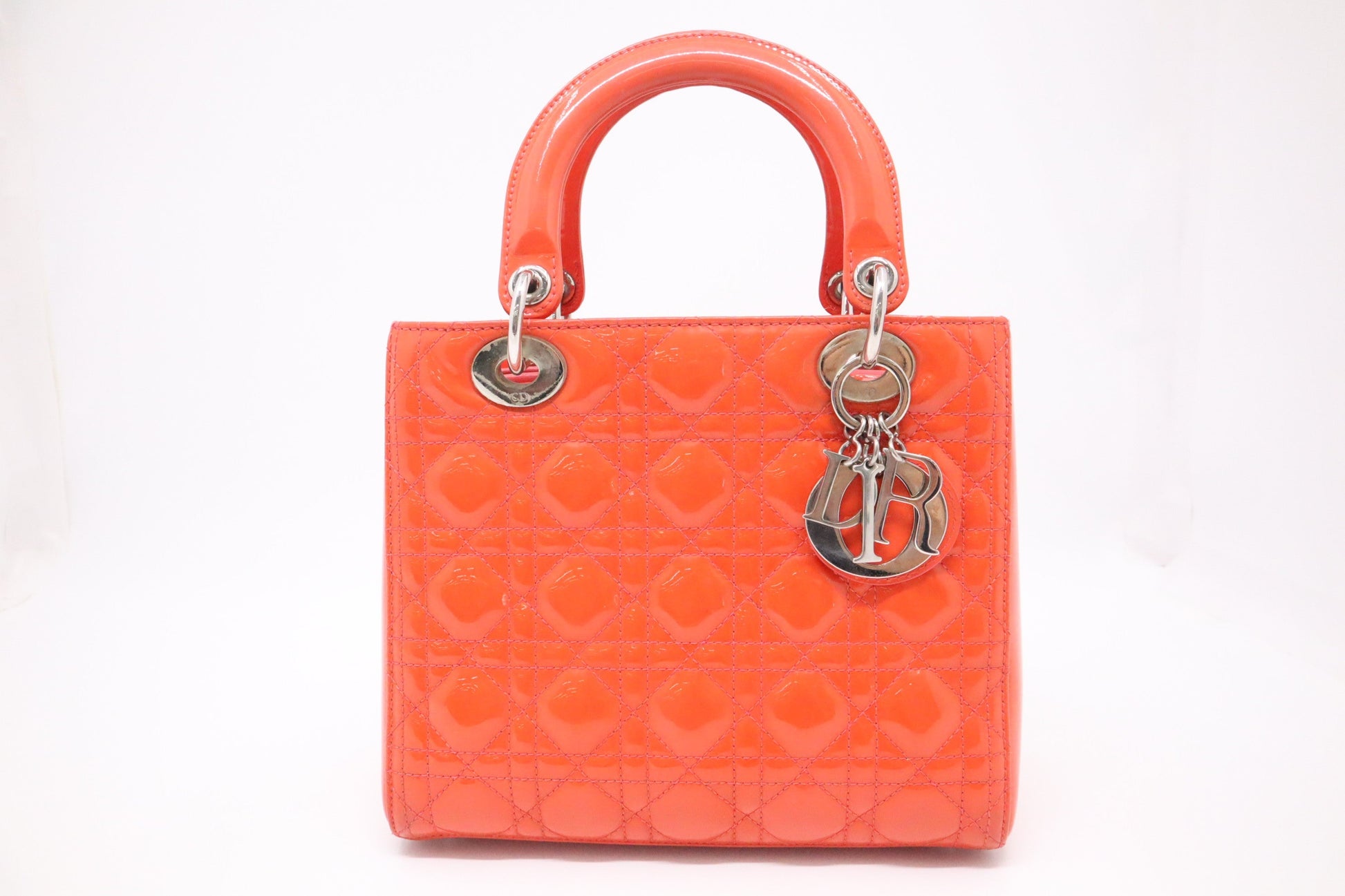 Dior Lady In Orange Cannage Patent Handbag Leather Medium Travel Bag