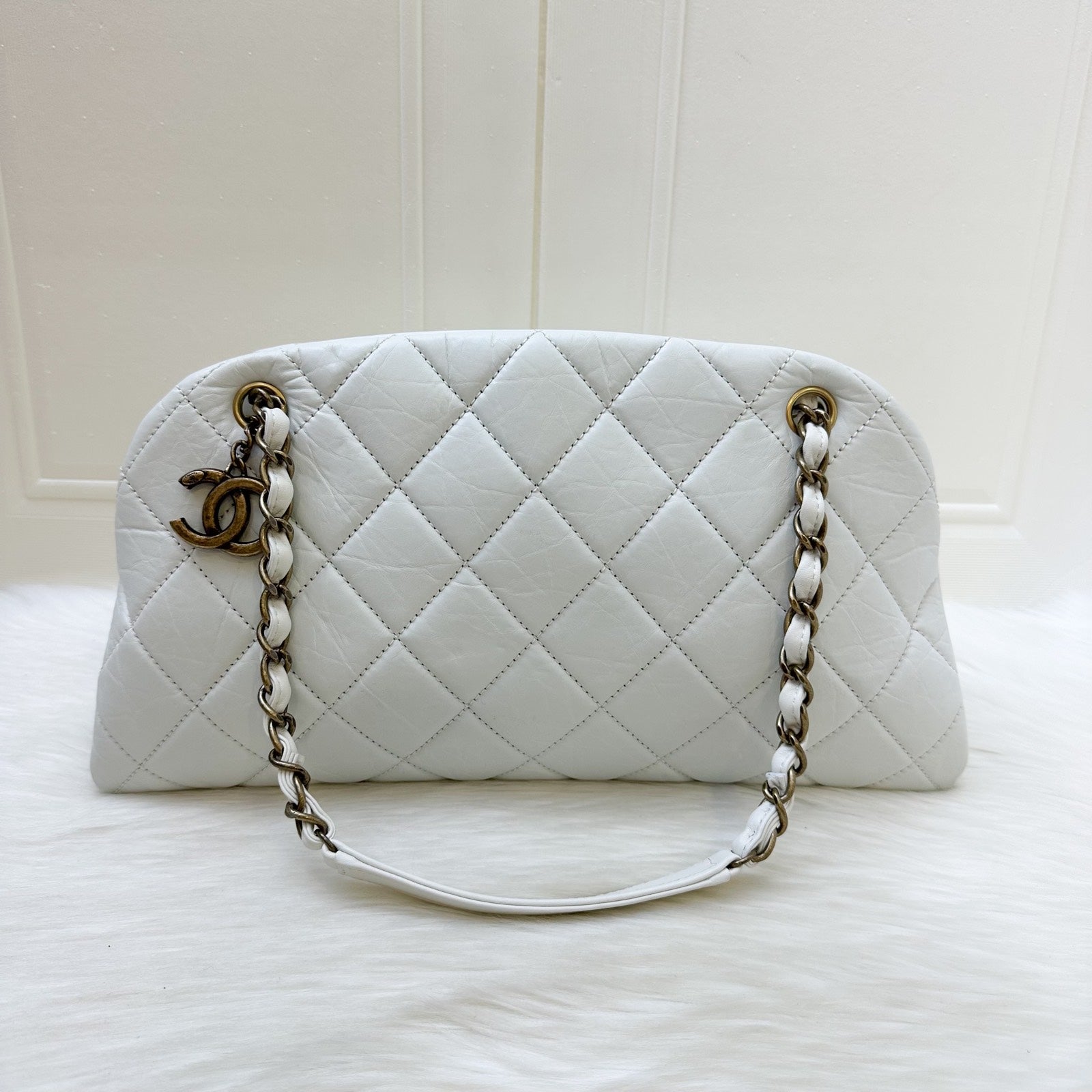 Chanel Just Mademoiselle Bowling Bag in White Calfskin and Aghw