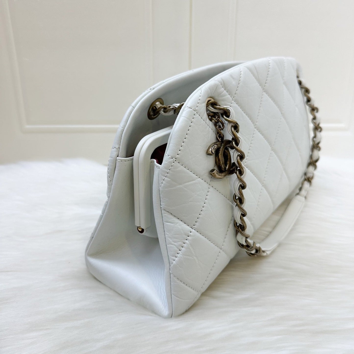 Chanel Just Mademoiselle Bowling Bag in White Calfskin and Aghw