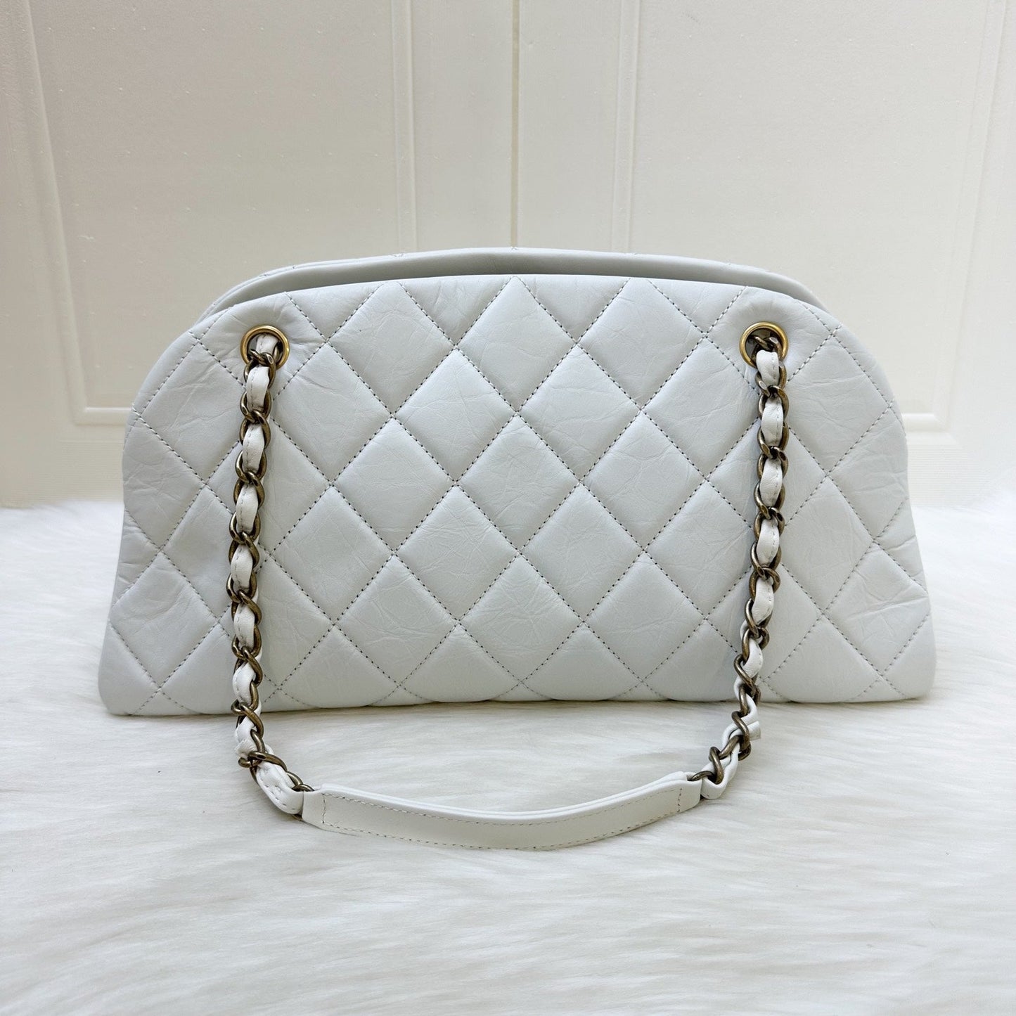 Chanel Just Mademoiselle Bowling Bag in White Calfskin and Aghw