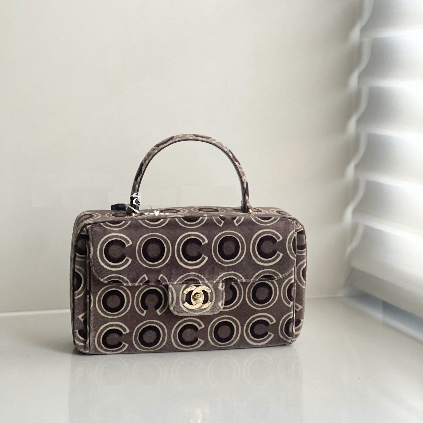 Chanel Coco Flap Top Handle Box Velvet Grey Handbag