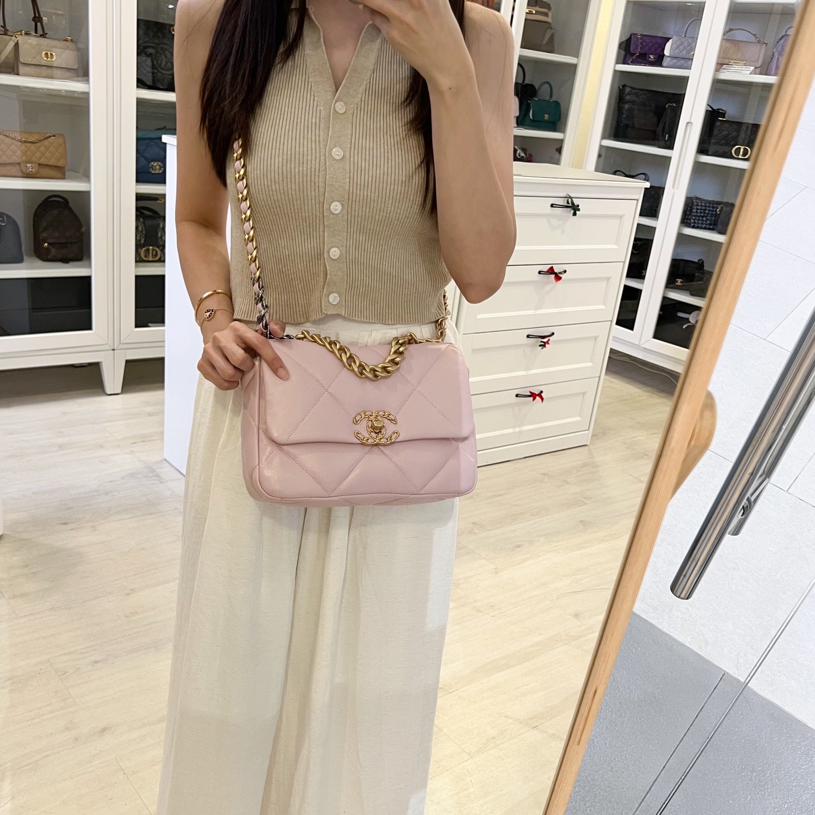 Chanel 19 Small Flap In 21S Rose Clair Light Pink Lambskin And 3-tone Hw Bag