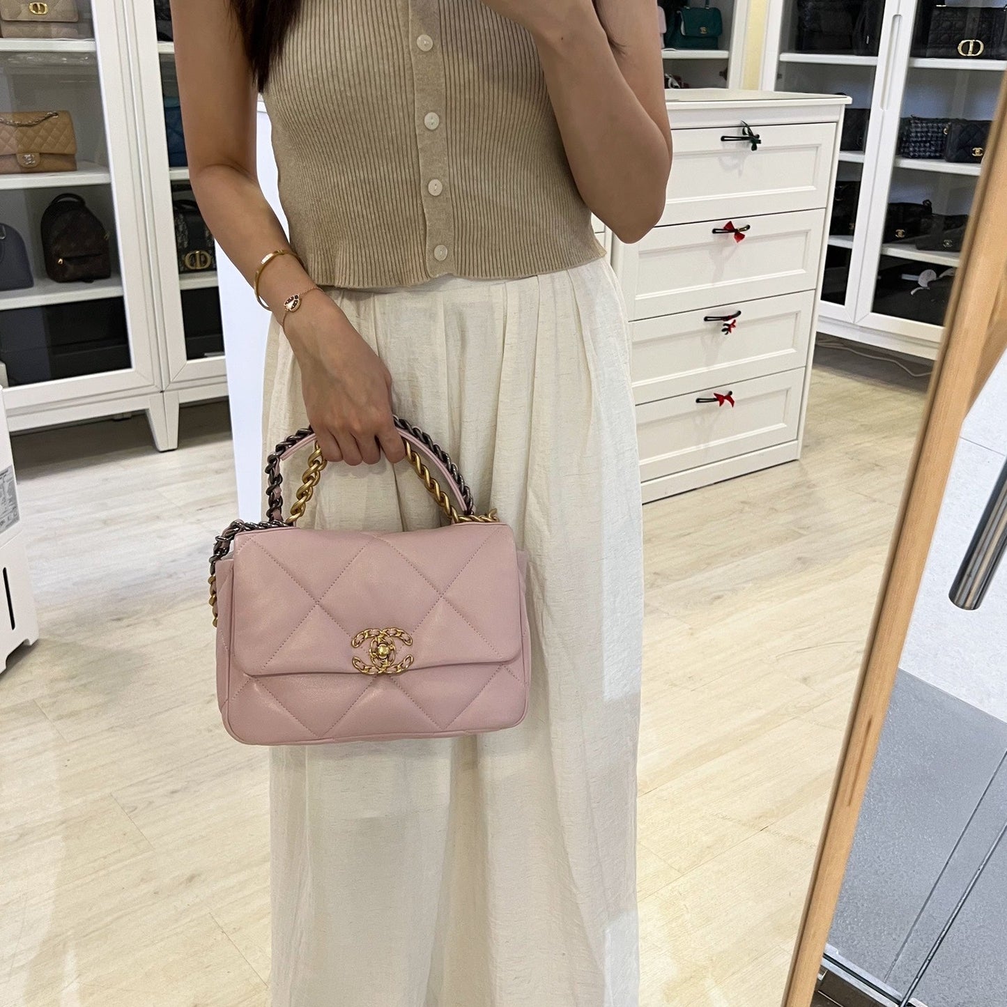 Chanel 19 Small Flap In 21S Rose Clair Light Pink Lambskin And 3-Tone Hw Bag