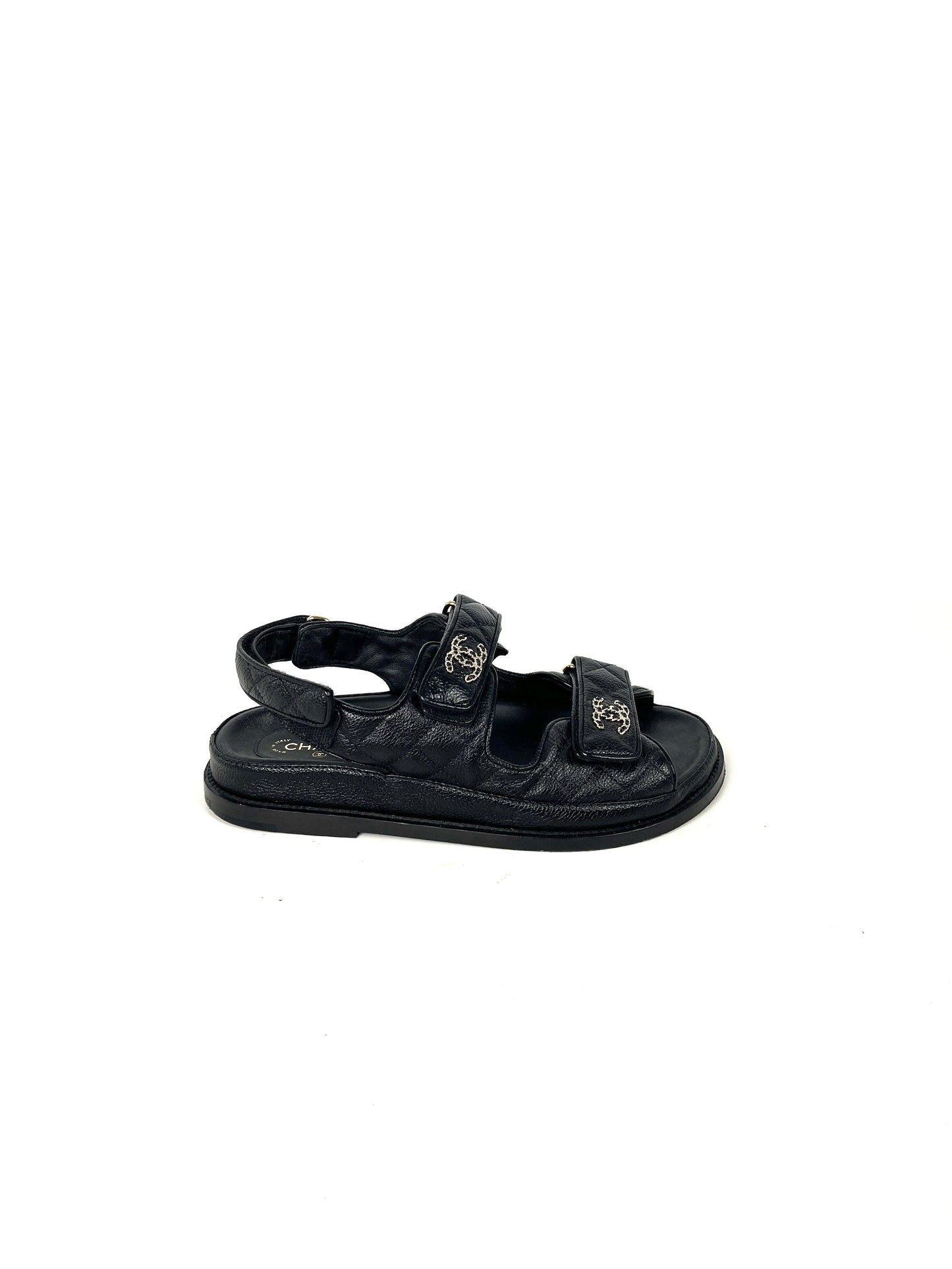 Chanel Dad Caviar CC Logo Black Leather Sandals 37,6.5 for Women