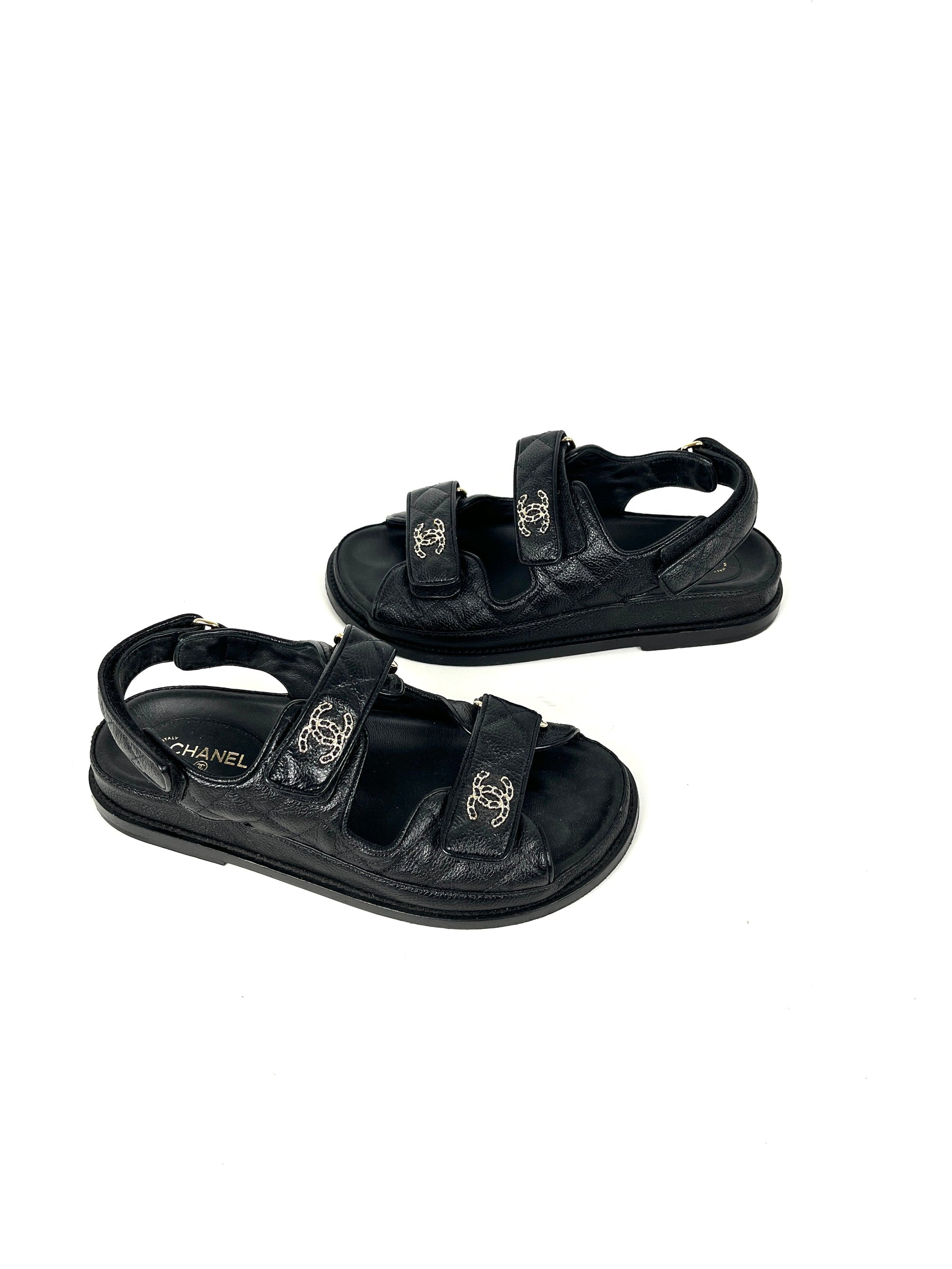 Chanel Dad Caviar CC Logo Black Leather Sandals 37,6.5 for Women