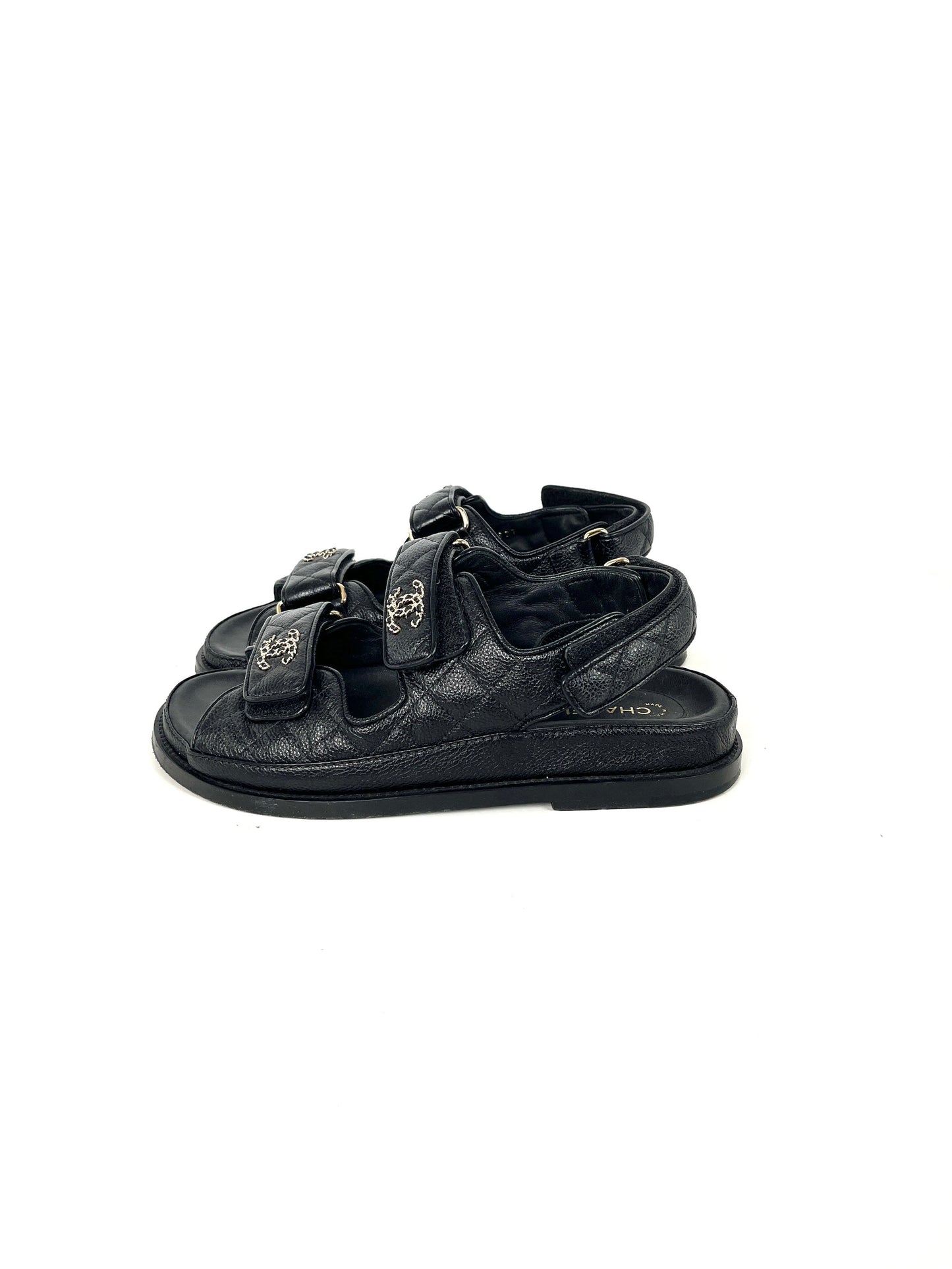 CHANEL Dad Caviar CC Logo Black Leather Sandals 37, 6.5