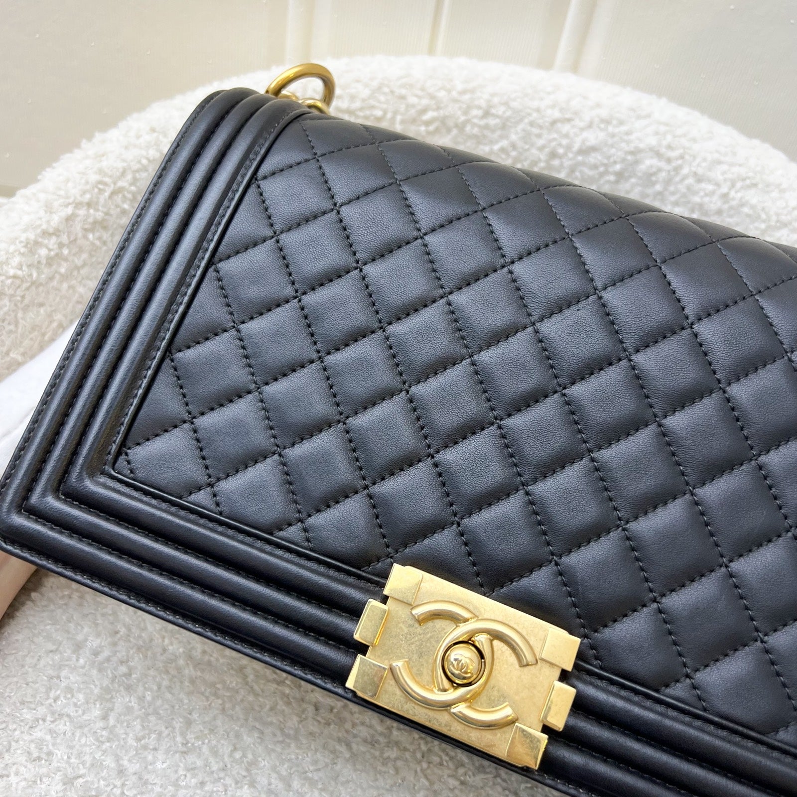 Chanel New Medium / Large 28CM Boy Flap in Black Lambskin and Aghw Handbag