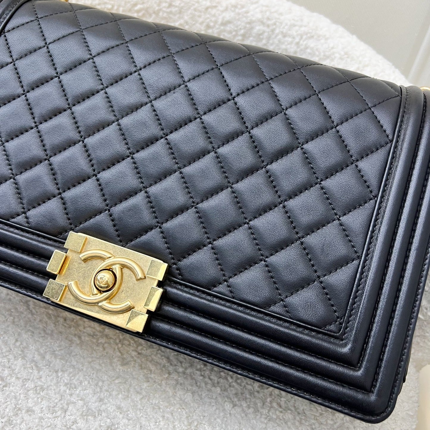 Chanel New Medium Large 28Cm Boy Flap In Black Lambskin And Aghw Bag