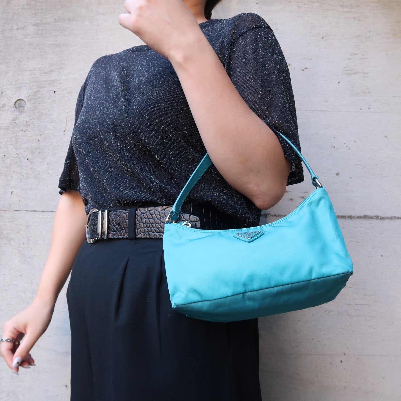 Prada Shoulder Bag Pouch Turquoise Leather Nylon Blue