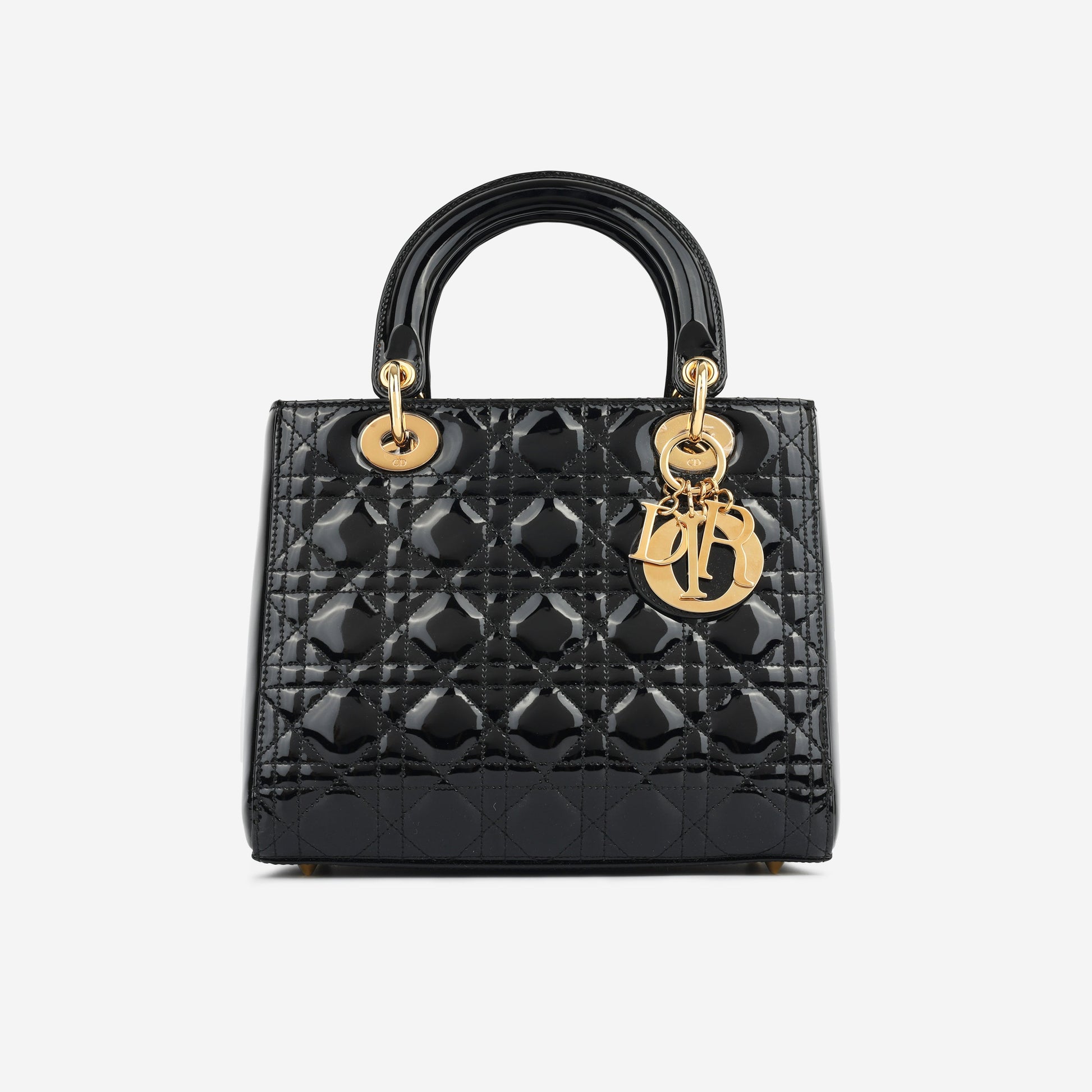 Dior Christian Lady Tote Bag Medium Black Patent Ghw
