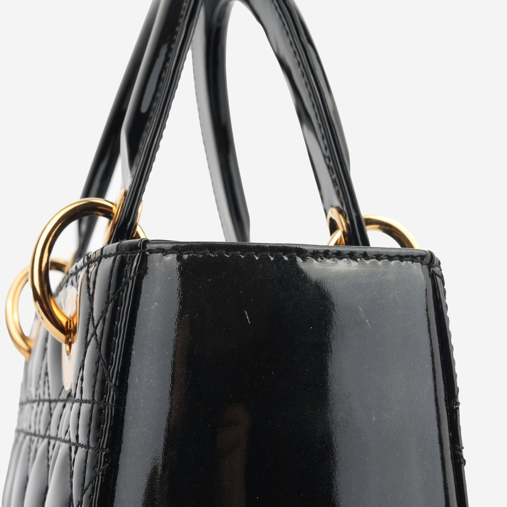 Dior Christian Lady Tote Bag Medium Black Patent Ghw