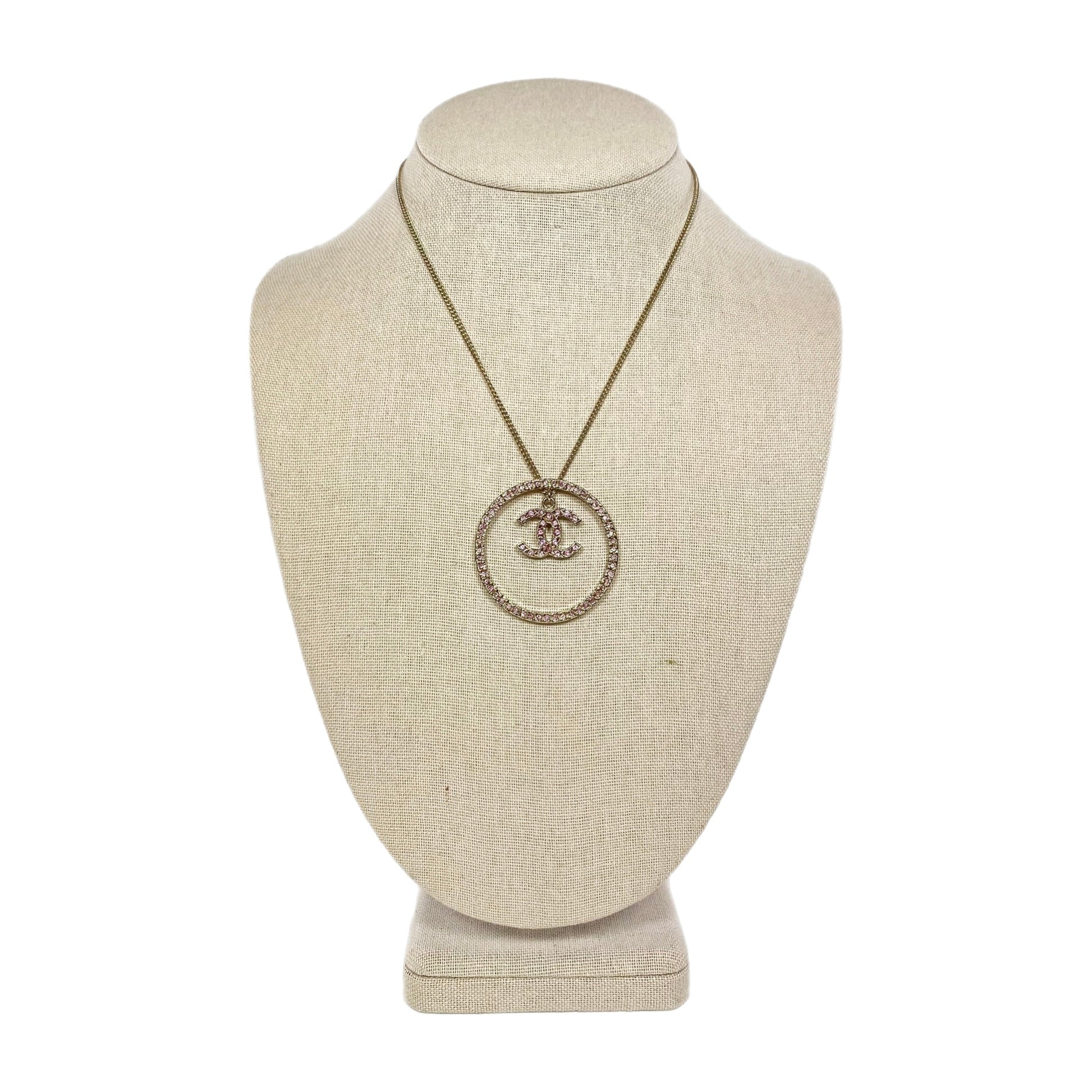 Chanel Circle CC Logo Necklace with Pink Crystals