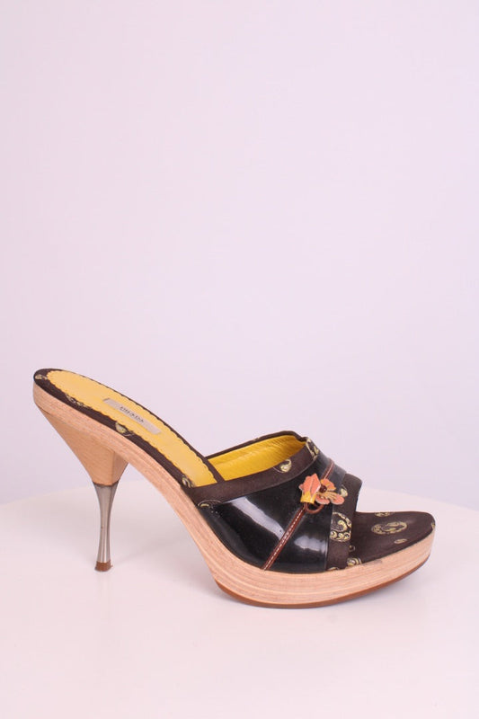 Prada Shoe Floral Wooden Heel 39.5 Brown Yellow Shoes