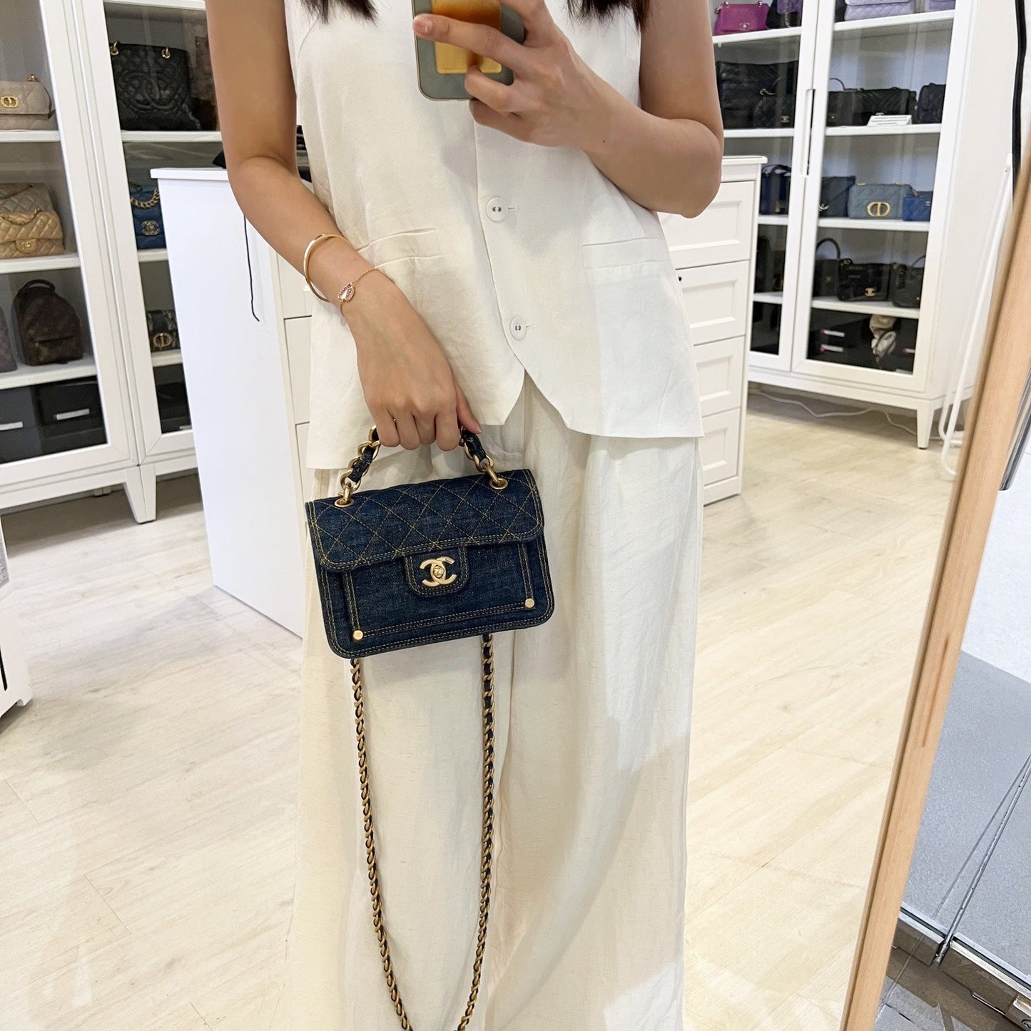 Chanel 23S Chain Handle Mini Flap In Dark Blue Denim And Aghw ( ) Bag