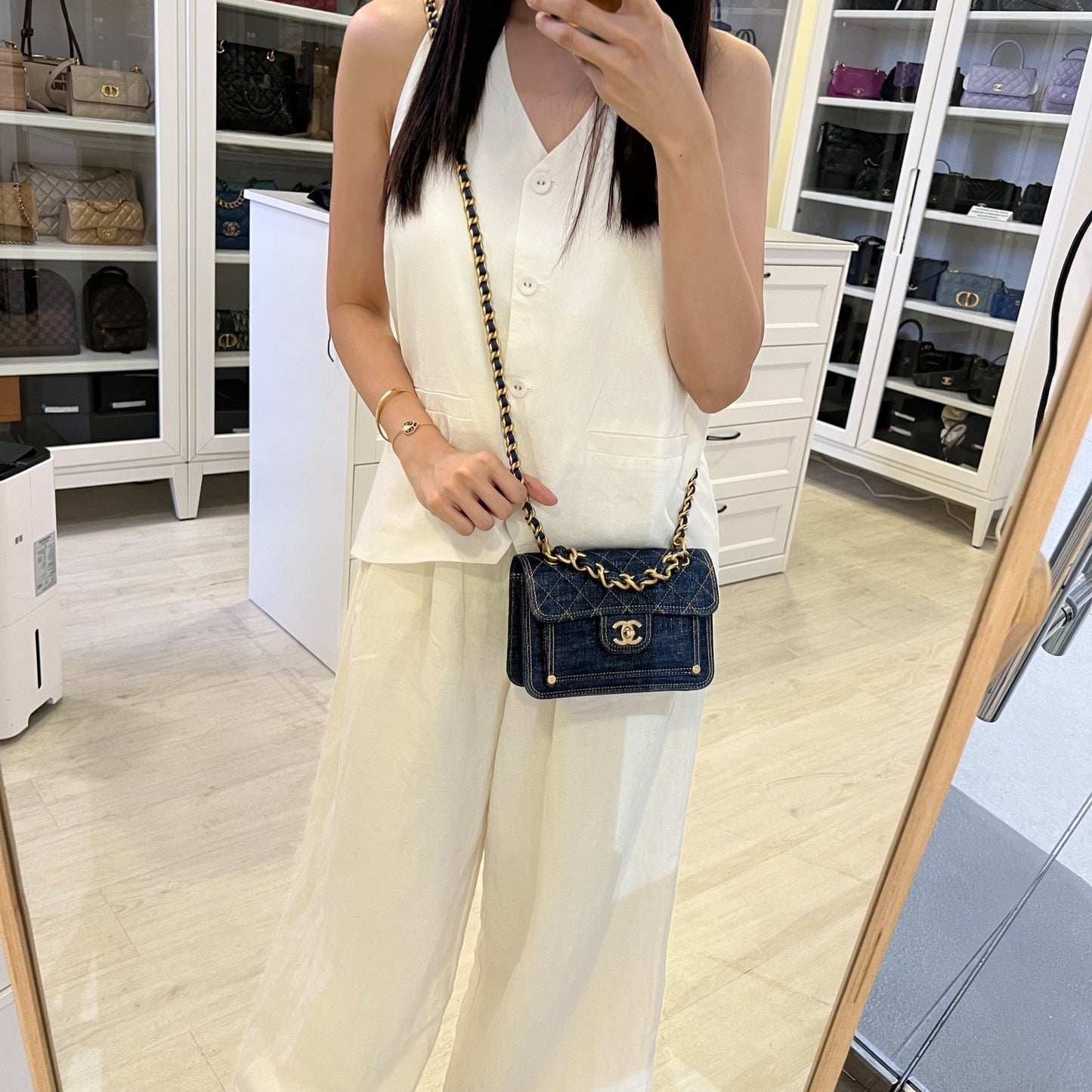 Chanel 23S Chain Handle Mini Flap In Dark Blue Denim And Aghw ( ) Bag