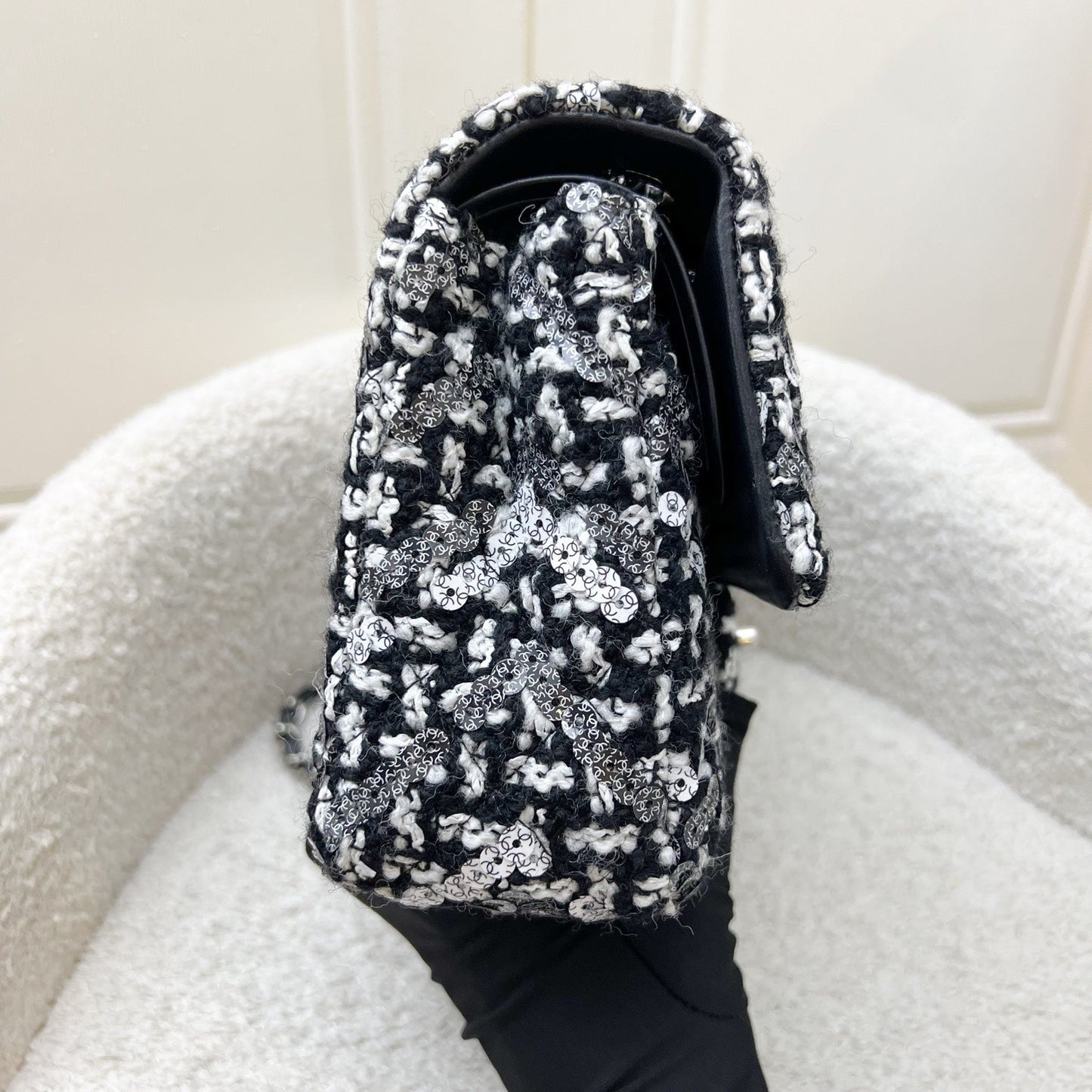 Chanel Medium Classic Flap CF in Tweed, Black and White Sequins and SHW