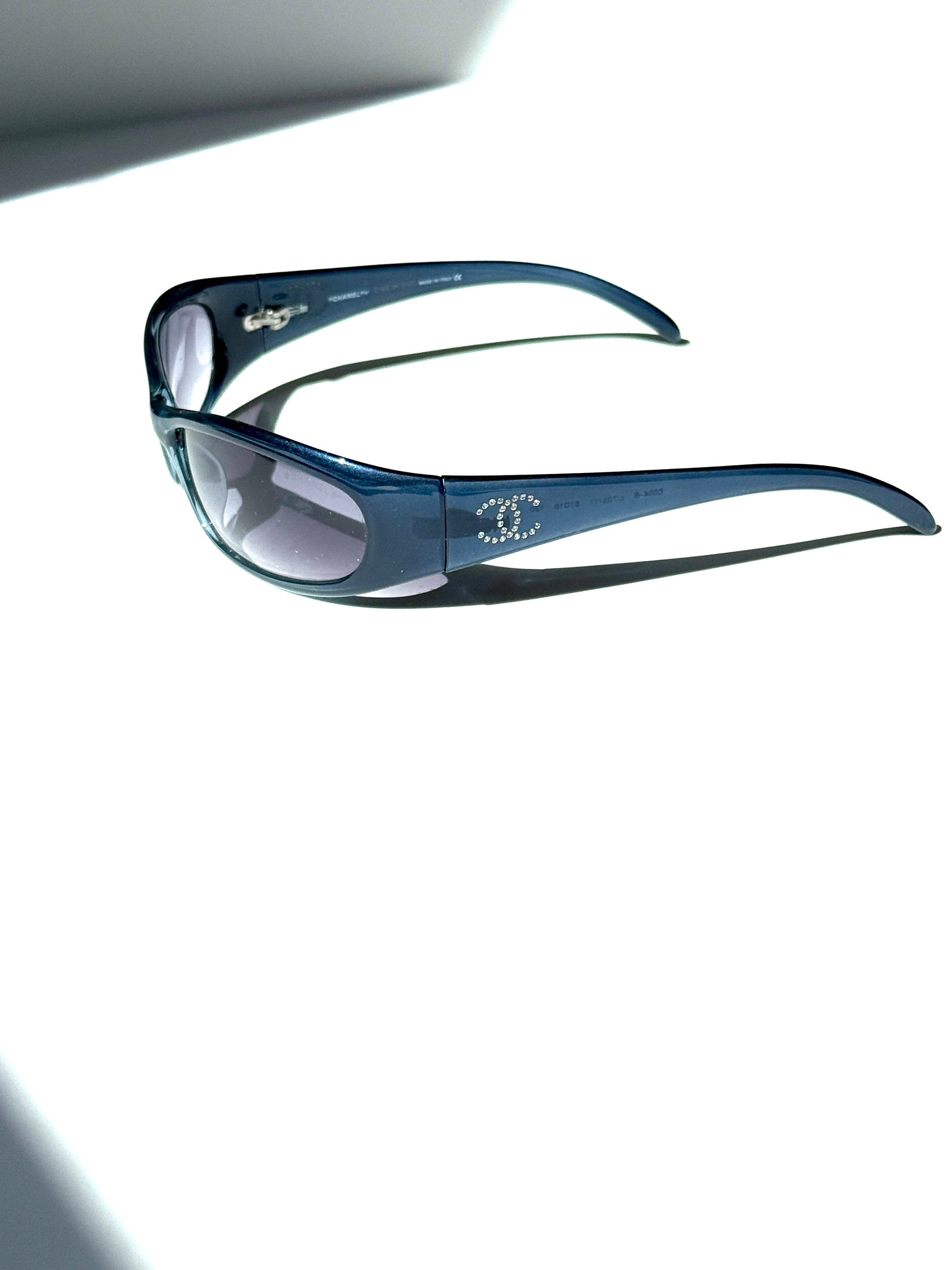 Chanel Blue Acetate Wrap Around Cc Crystal Sunglasses Bag
