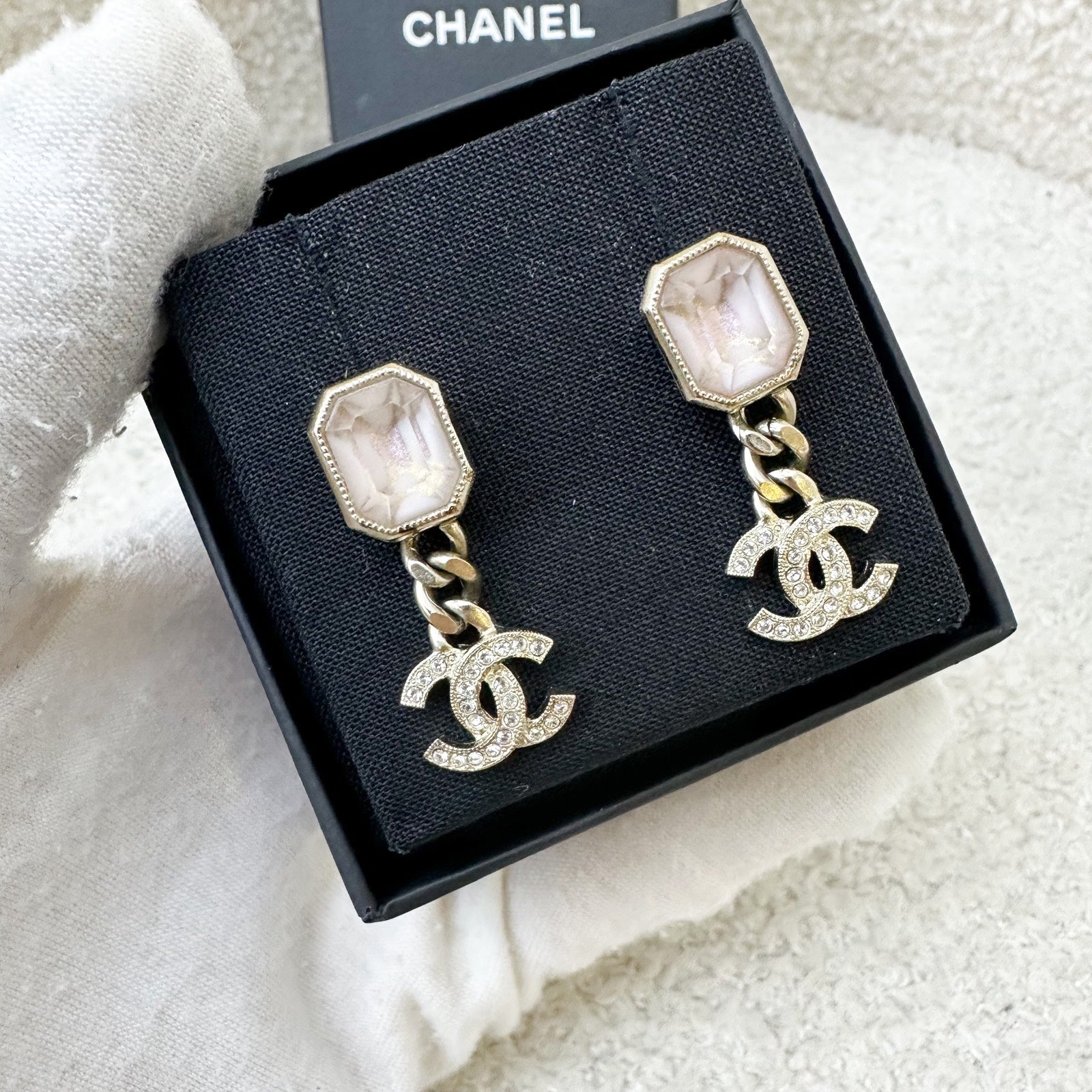 Chanel 22B Lilac Resin with Dangling Crystals Logo Earrings in Aghw